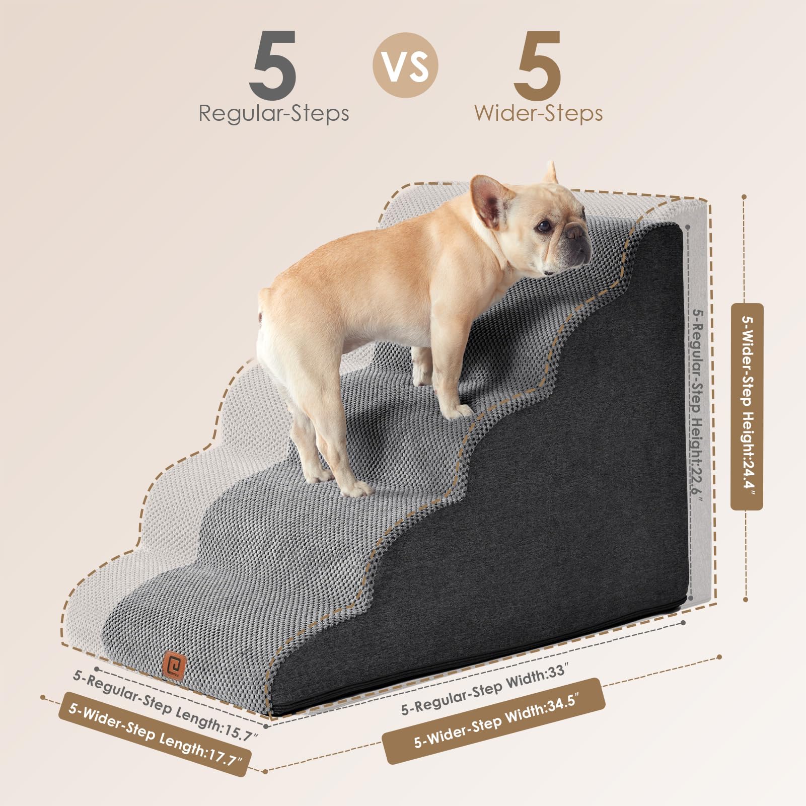 EHEYCIGA 5-Step Curved Dog Stairs Ramp for High Beds, Extra Wide Non-Slip Pet Steps for Small Dogs & Cats, Grey