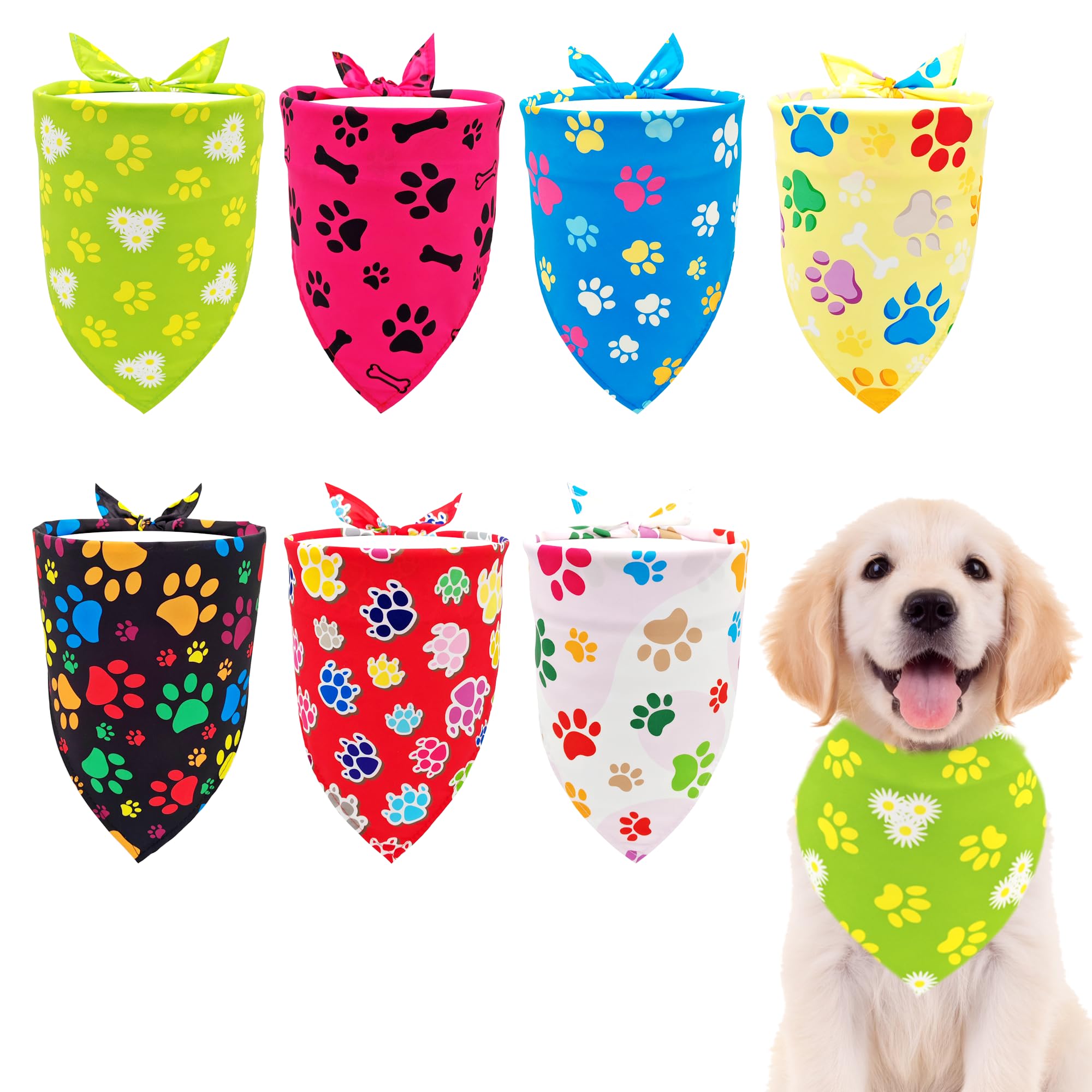 Pai Sence 7 Pcs Small Dog Bandanas Paw Print 25 Inch Polyester Dogs Bandana For Medium Cats Large Scarves Party Grooming M