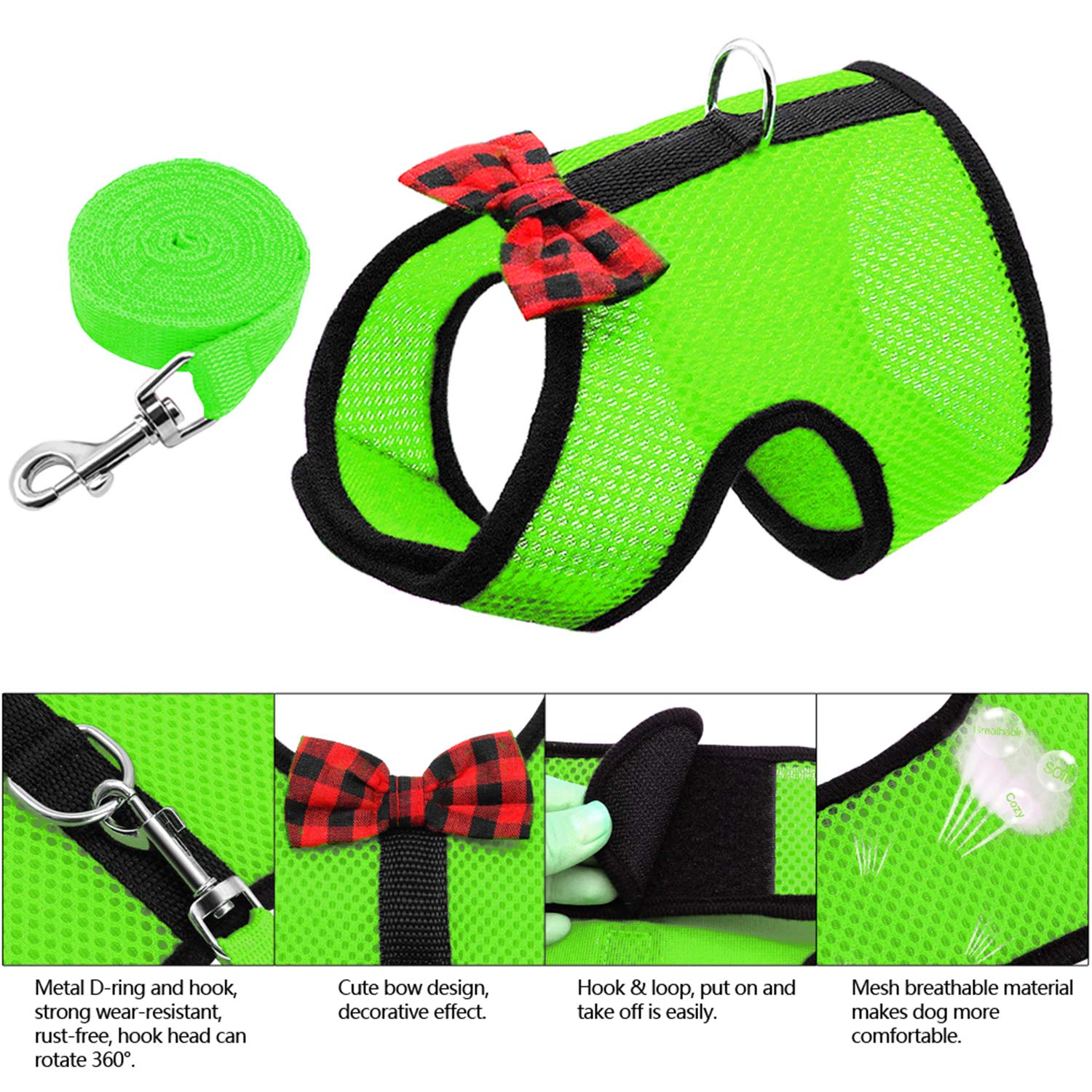 Rypet Small Animal Harness And Leash - Soft Mesh Pet Harness With Safe Bell, No Pull Comfort Padded Vest For Small Pets Green
