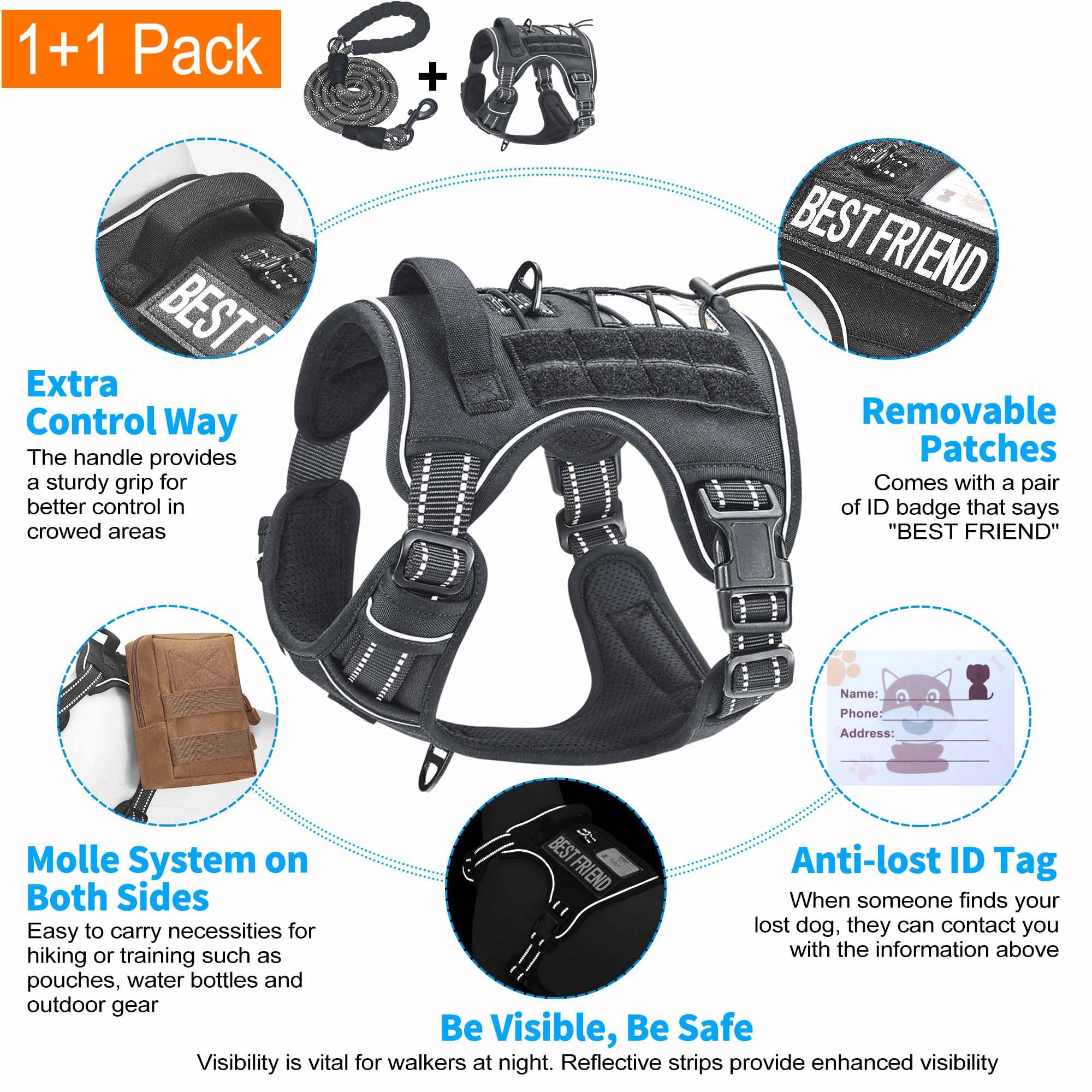 Beebiepet Heavy Duty Tactical Dog Harness For Large Dogs, No Pull Adjustable Pet Harness Reflective Service Training Easy Contro