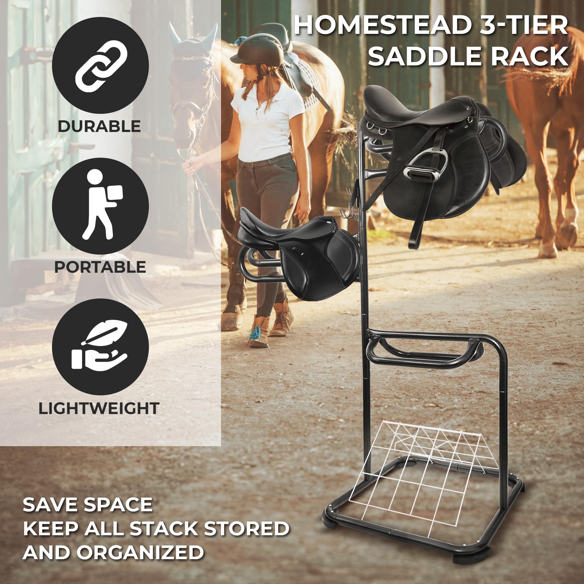 Homestead 220 Lbs Rolling Saddle Rack Cart with Basket - Heavy Duty Saddle Stand for Western Horse Gear, Organizers and Storage