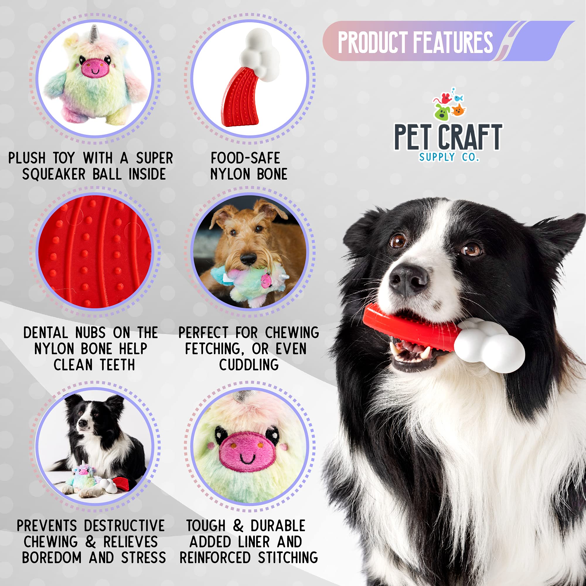 Pet Craft Supply Puppy Teething Dental Chew Teeth Cleaning Nylon Bone Squeaky Plush Dog Toys With Super Squeaker Ball 2 Pack Cut