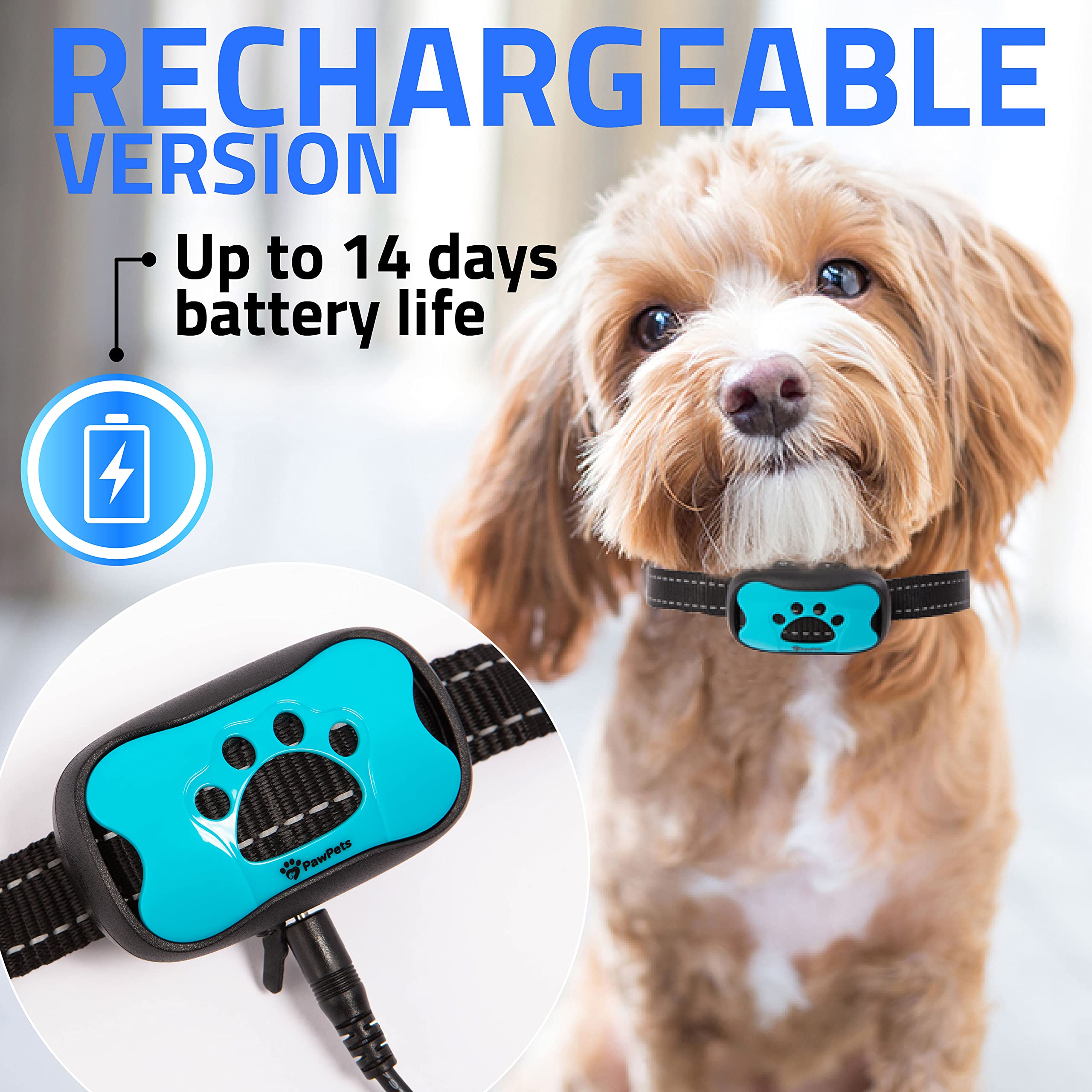 Pawpets Rechargeable Anti Bark Collar - No Shock Training Dog Collar - Humane With Vibration And Sound Barking Collar For Small