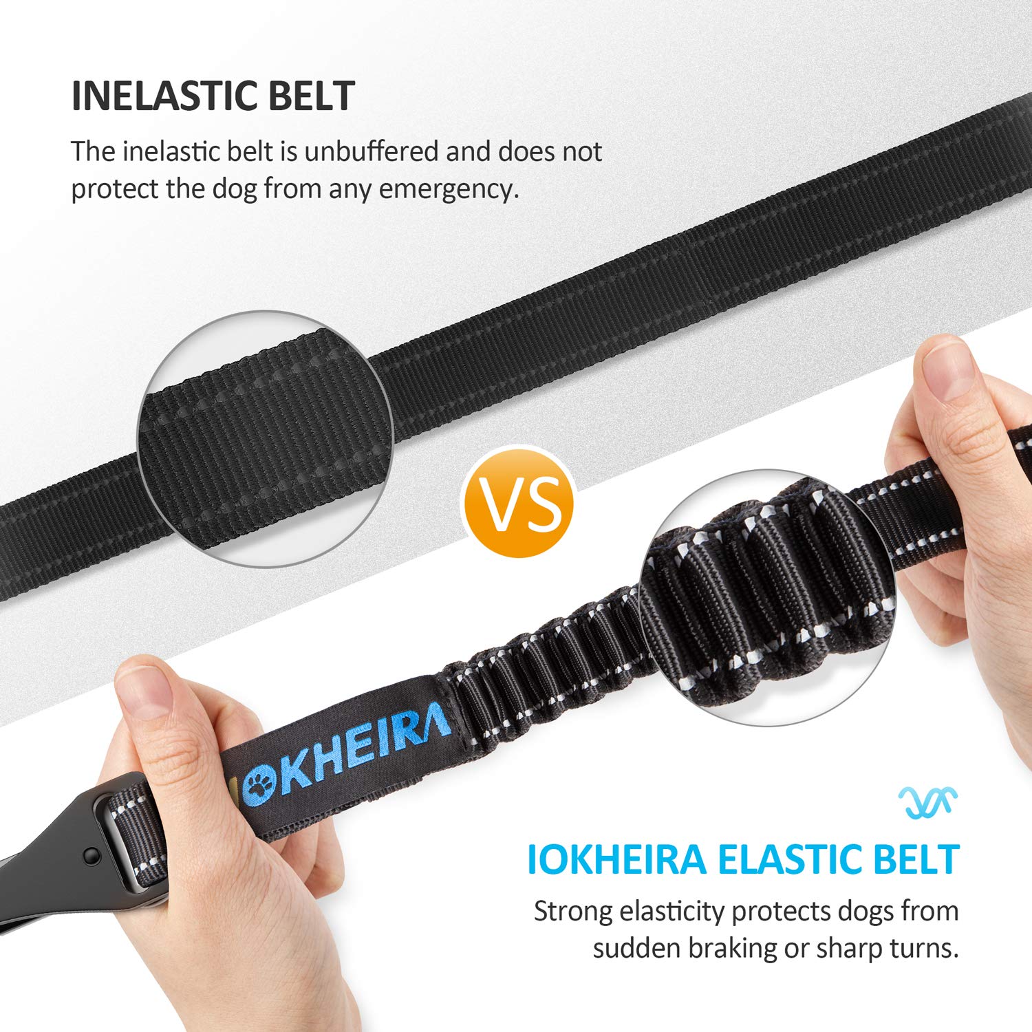 IOKHEIRA Dog Seat Belt 3-in-1 Car Harness, Adjustable Safety Nylon, Reflective Bungee Tether with Clip Hook, Buckle & Zinc Alloy Carabiner, Black