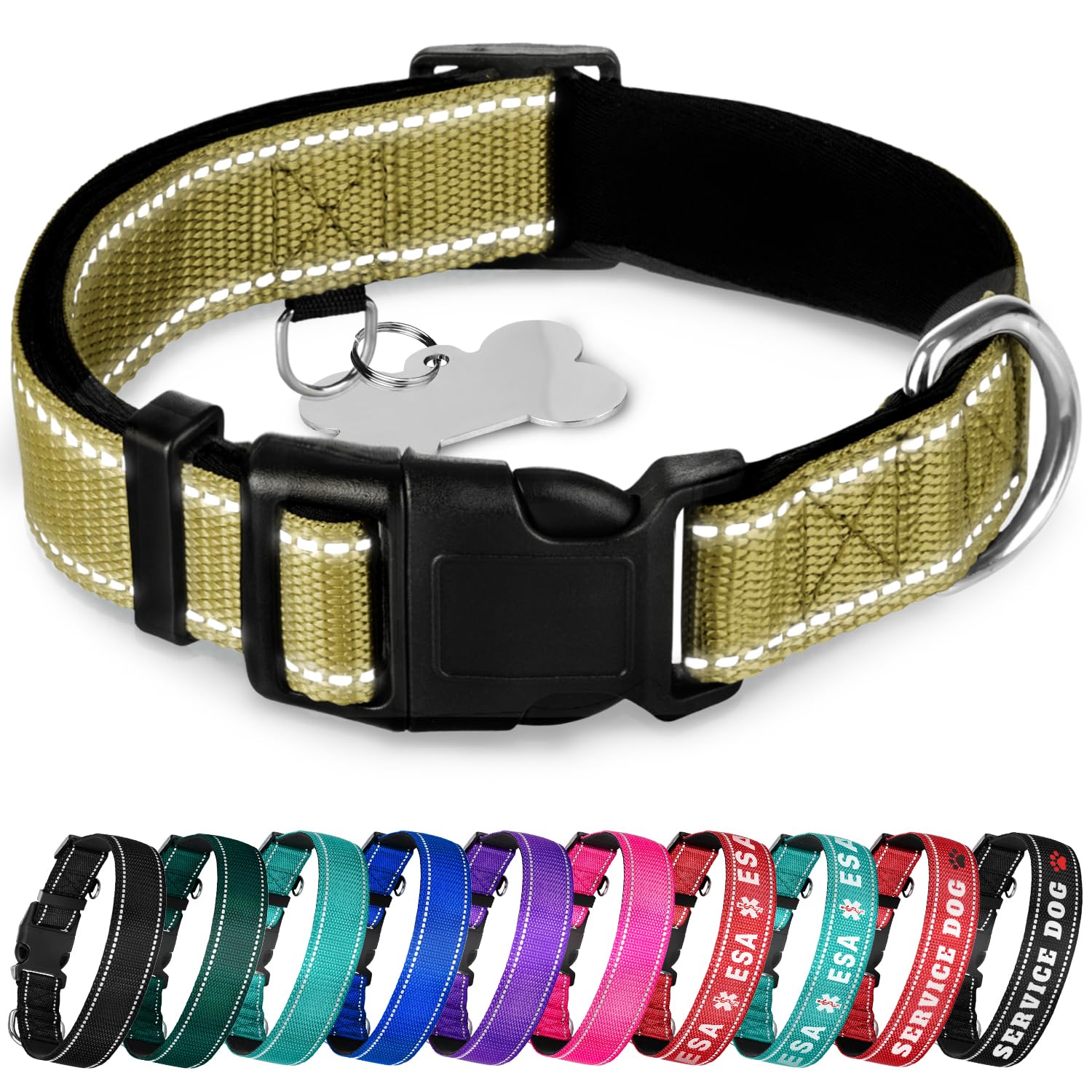 Teceum Reflective Pet Collar - Olive - Xxs - Extra Soft Padding - Basic Nylon Dog Collar - Quick Release Buckle - Fits Small, Me