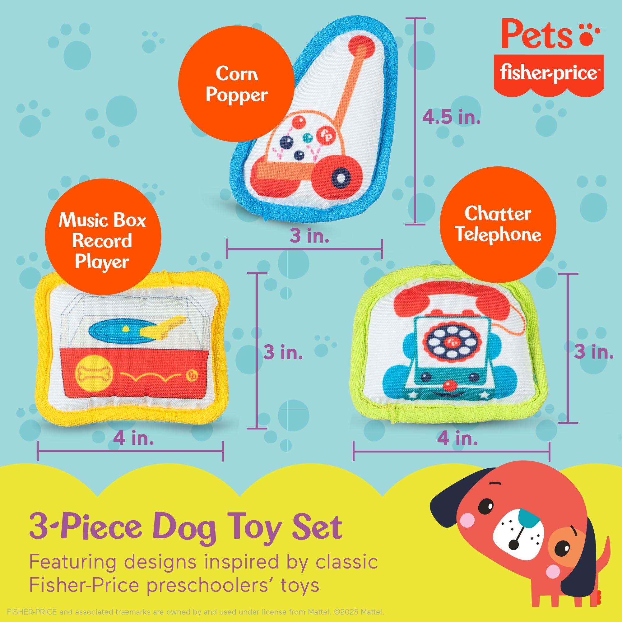 Fisher-Price for Pets 3 Piece Fun Flatties Toys for Dogs, Featuring Classic Toy Designs, with Squeaker and Crinkle Sounds, Devel