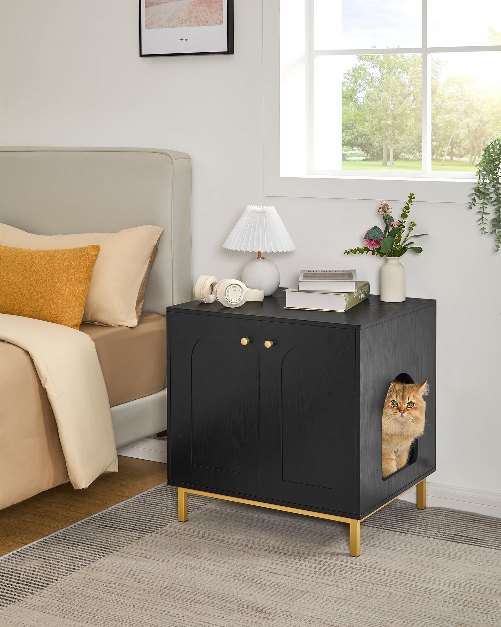 Hzuaneri Cat Litter Box Enclosure, Hidden Litter Box Furniture, Wooden Pet House Side End Table, Storage Cabinet Bench, Fit Most Cat And Litter Box, Living Room, Bedroom, Black And Gold Cb81204G