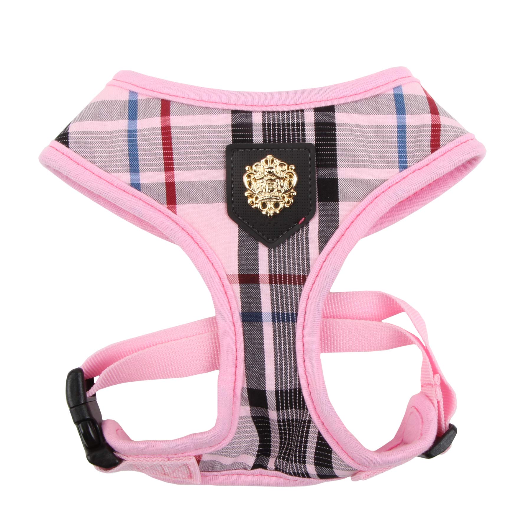 Puppia Junior Over-The-Head Dog Harness Checkered Pattern No Choke No Pull Adjustable Chest Belt Walking Training For Small And Medium Dog, Large, Pink
