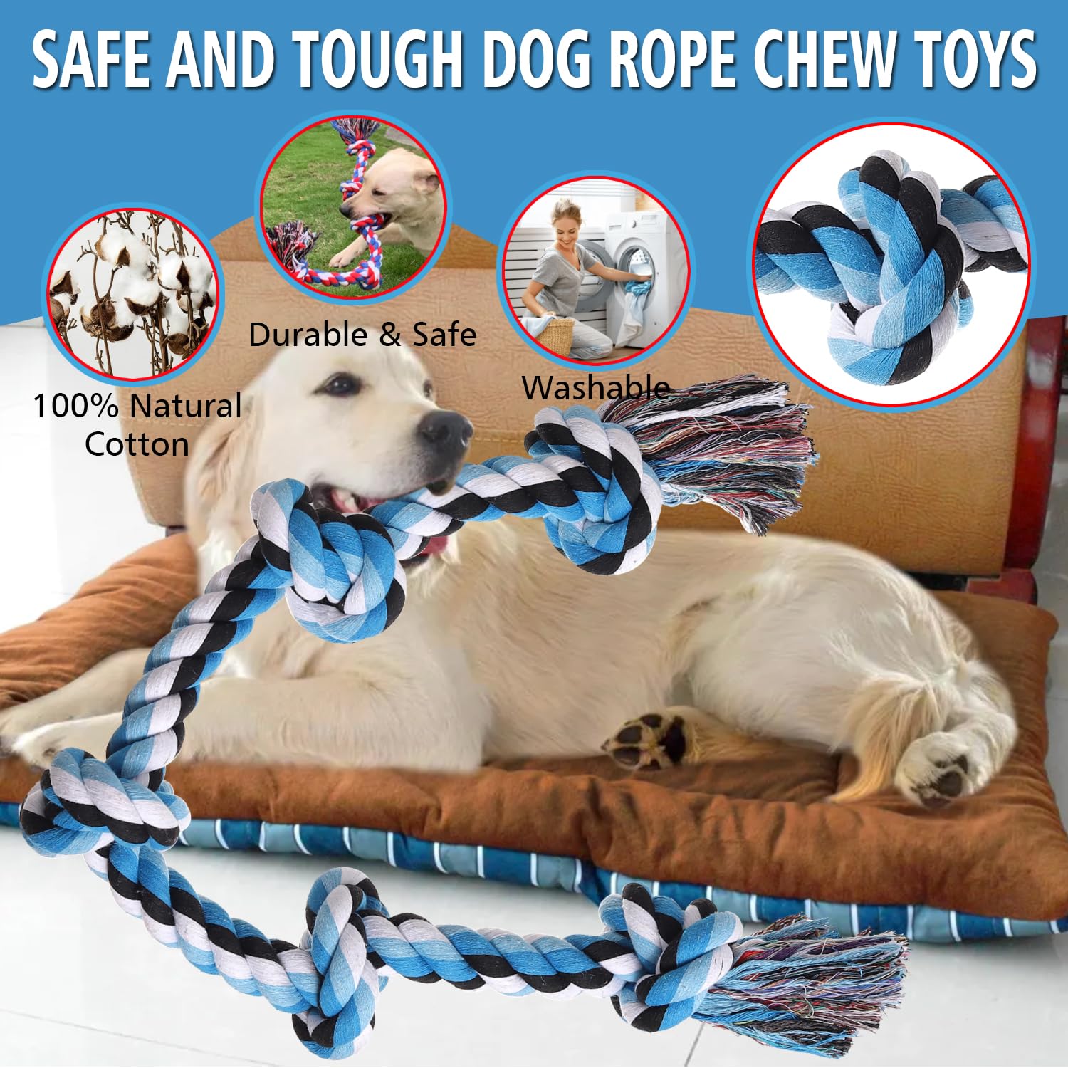 Xigou Dog Rope Toys For Large Dogs Aggressive Chewers, Dog Chew Toys For Large Breed Indestructible, Heavy Duty Tough 3 Feet 5 K
