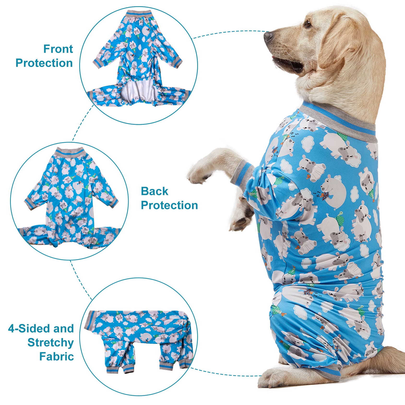 Lovinpet Dog Onesie Large Breed/Cozy Dog Pajamas, Slim Fit, Lightweight Pullover/Full Coverage Dog Pjs/Happy Hippo Blue Print/Large Breed Dog Pjs/Large