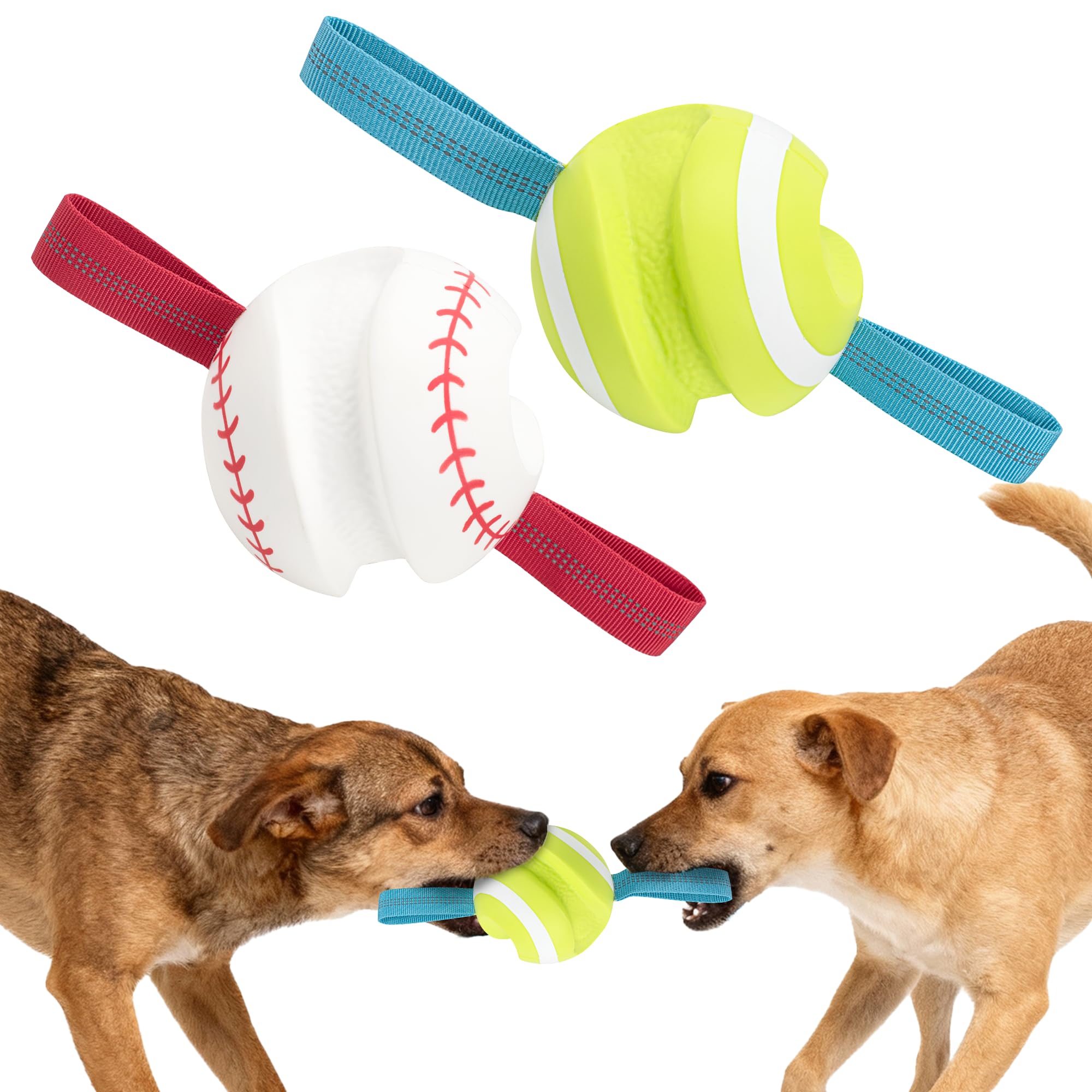 LECHONG Dog Balls with Straps for Tugging 2 Pcs, Interactive Dog Toys, Puppy Toys to Keep Them Busy, High Bouncy Balls for Dogs,