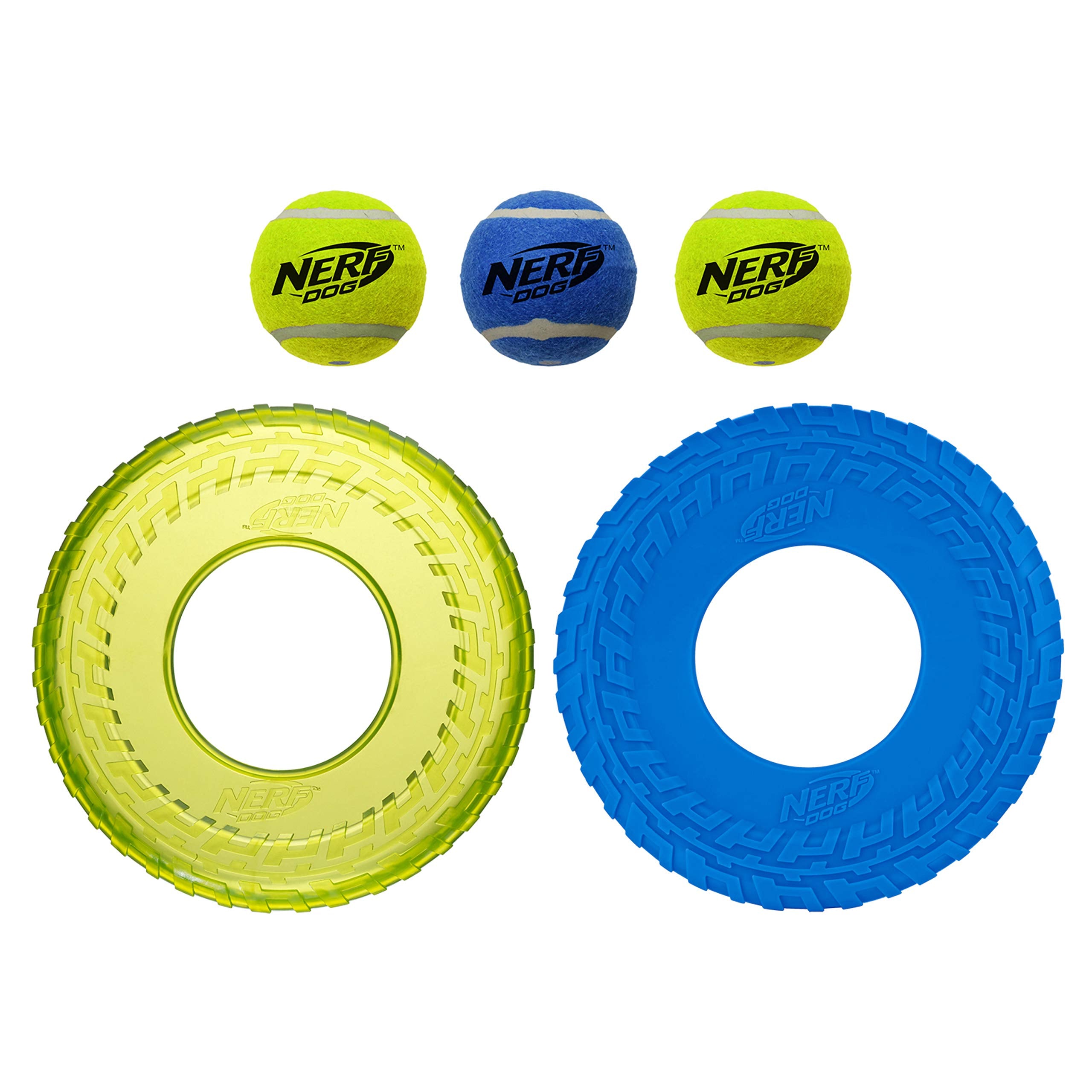 Nerf Dog 5-Piece Dog Toy Gift Set, Includes 2.5In Squeak Tennis Ball 3-Pack, 10In Translucent Tpr Tire Flyer, And 10In Tpr Tire Flyer, Nerf Tough Material, Green And Blue