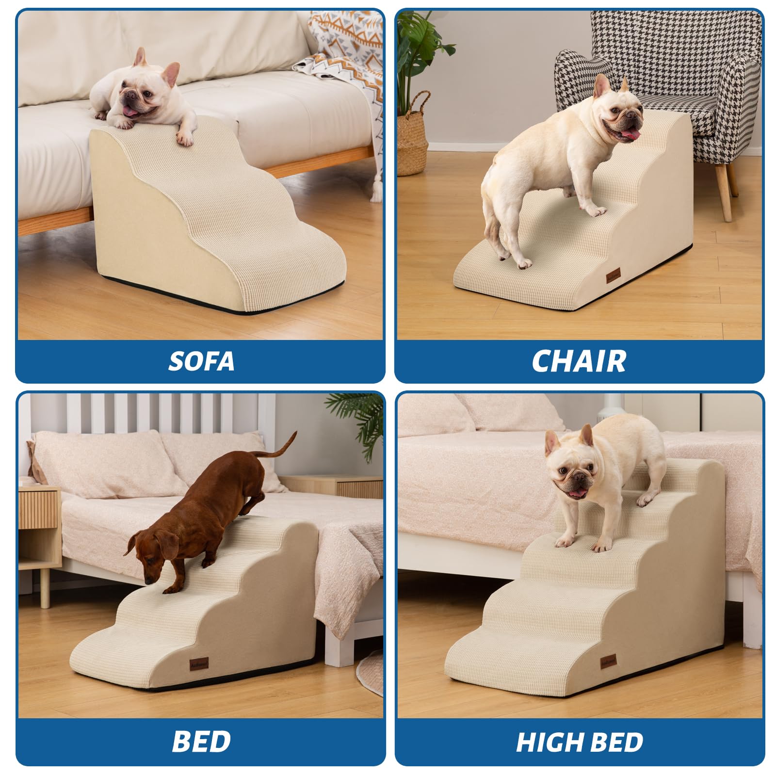 Aodisman 4-Step Dog Stairs and Ramp for Beds or Couches,Non-Slip Sturdy Pet Steps for Small Dogs and Cats,17.4 H,Beige