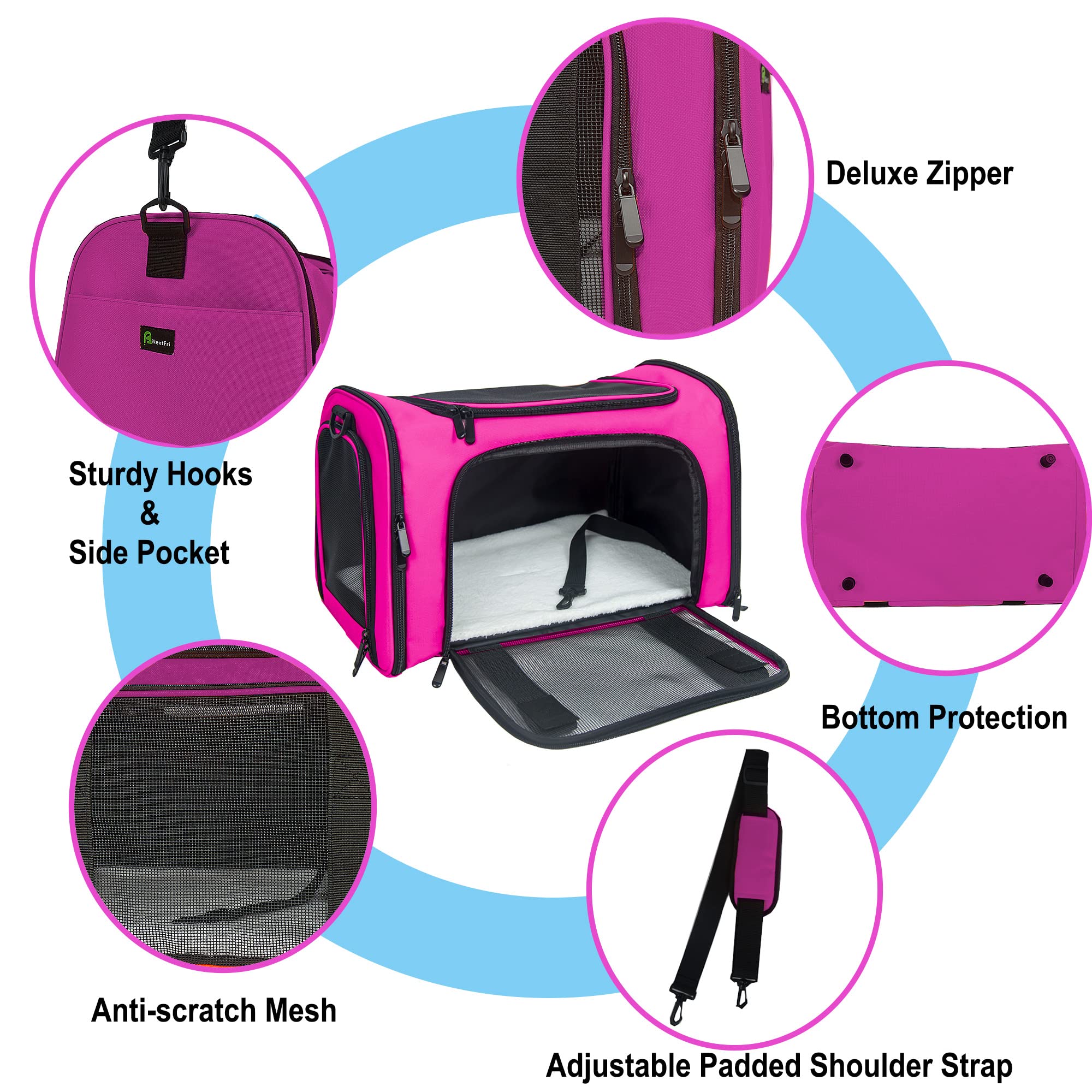 Nextfri Soft Sided Carrier For Small Medium Cats Dogs,Tsa Airline Approved Collapsible Travel Pet Carrier (Medium, Magenta)