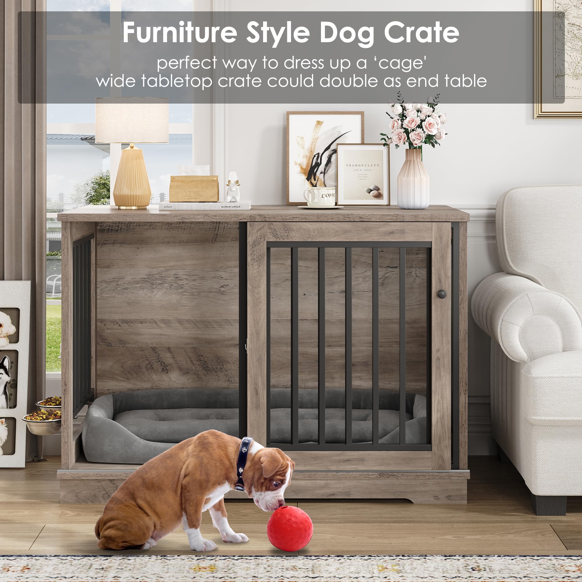 Dog Crate Furniture 47    Large Dog Kennel For Dogs Indoor, Heavy Duty Dog Cage With Sliding Door And 2 Sus Bowls Wooden End Tab
