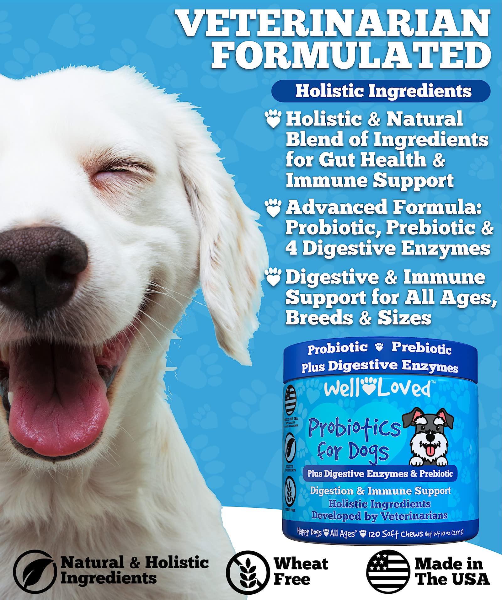 Well Loved Probiotics for Dogs, Dog Probiotics, Made in USA, Vet Developed for Gut Health, Yeast Balance, Itchy Skin, Diarrhea &
