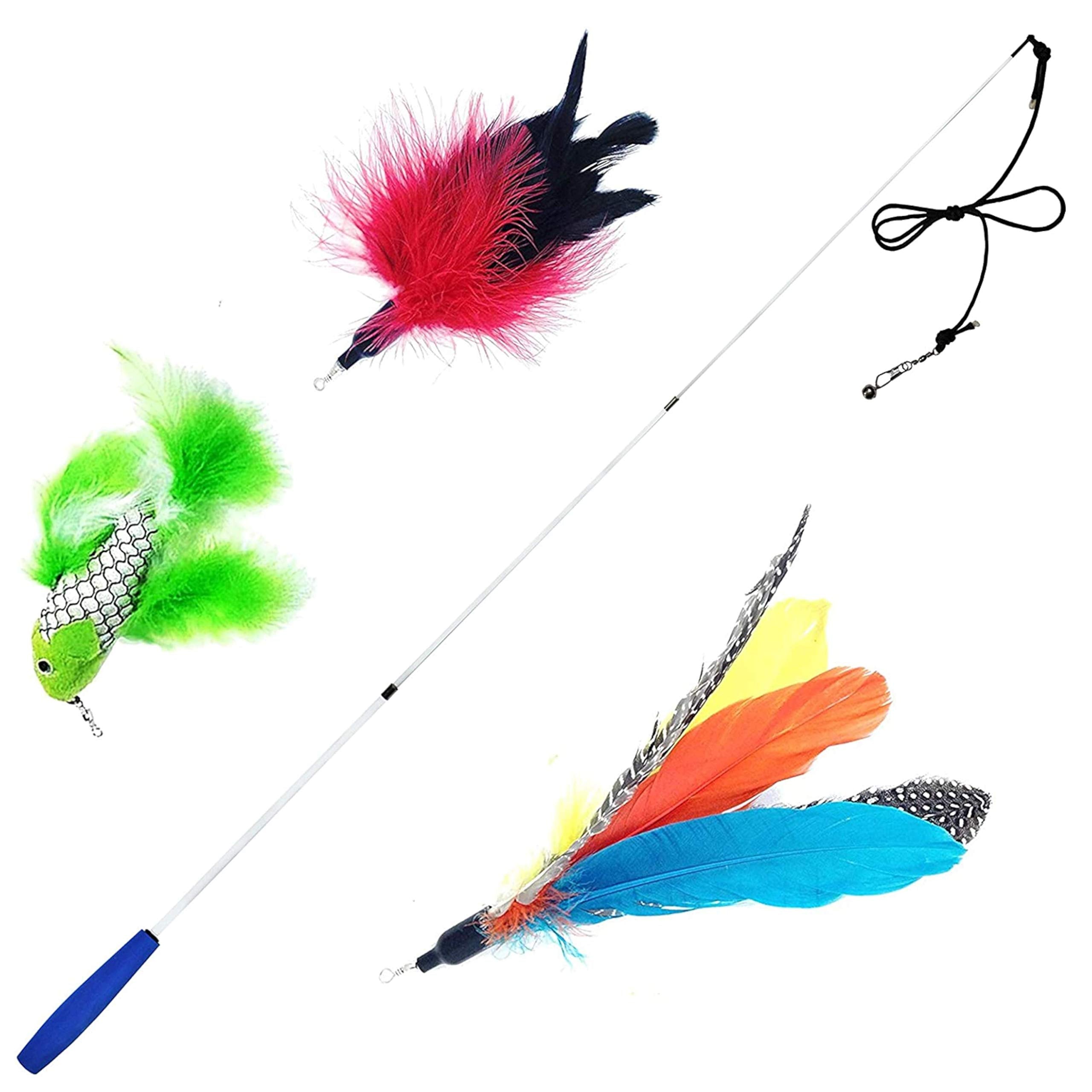 Pet Fit For Life - Retractable Feather Wand For Cats - Durable Interactive Cat Toy, Teaser Fishing Pole With Feather Lures - Fun Kitten Play Wand, 2 Feathers With String And Flying Fish Attachment