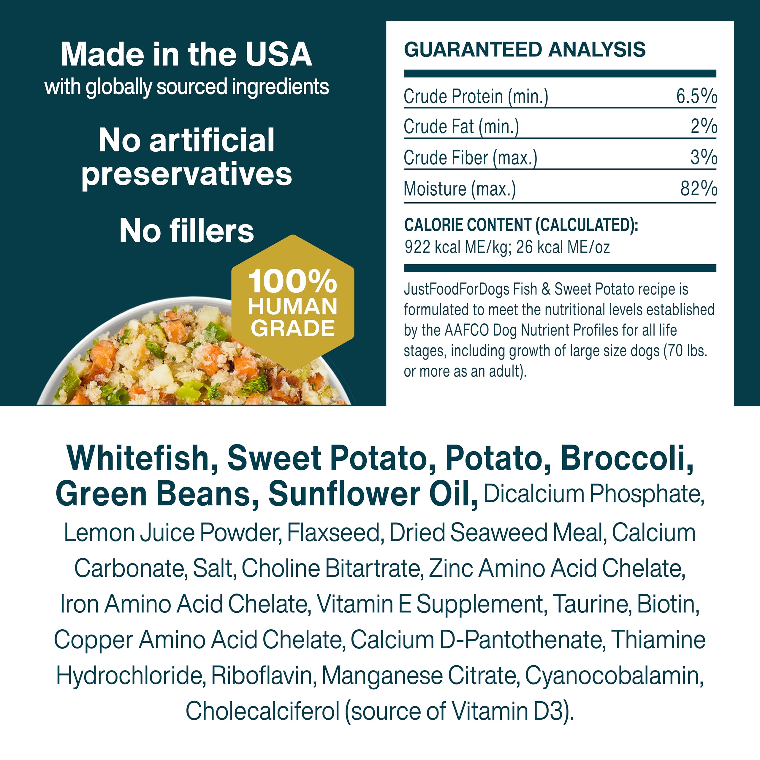 JustFoodForDogs Frozen Fresh Dog Food, Complete Meal or Dog Food Topper, Fish & Sweet Potato Human Grade Dog Food Recipe, 72 oz