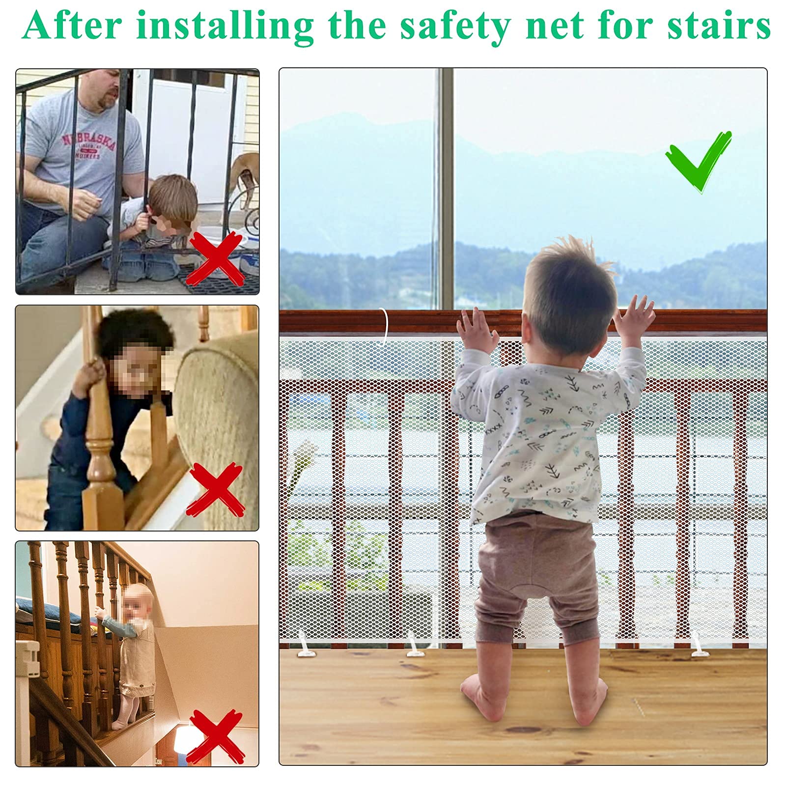 Child Safety Net, Durable Banister Guard for Baby Safety Stairs Railing Balcony Cribs, Banister Stair Mesh Baby Proofing, Easy t