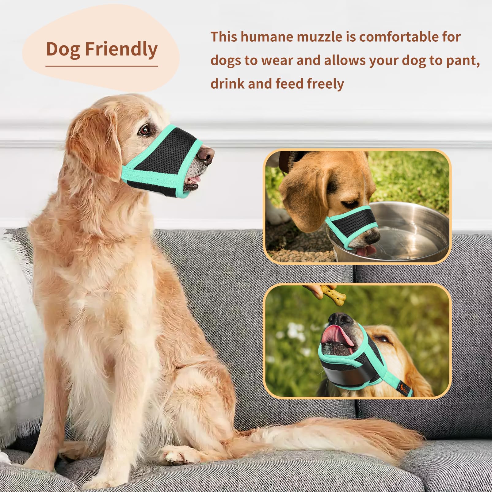 HEELE Dog Muzzle,Soft Nylon Muzzle Anti Biting Barking Chewing,Air Mesh Breathable Drinkable Adjustable Loop Pets Muzzle for Small Medium Large Dogs 4 Colors 4 Sizes (New Green, M) -Like New