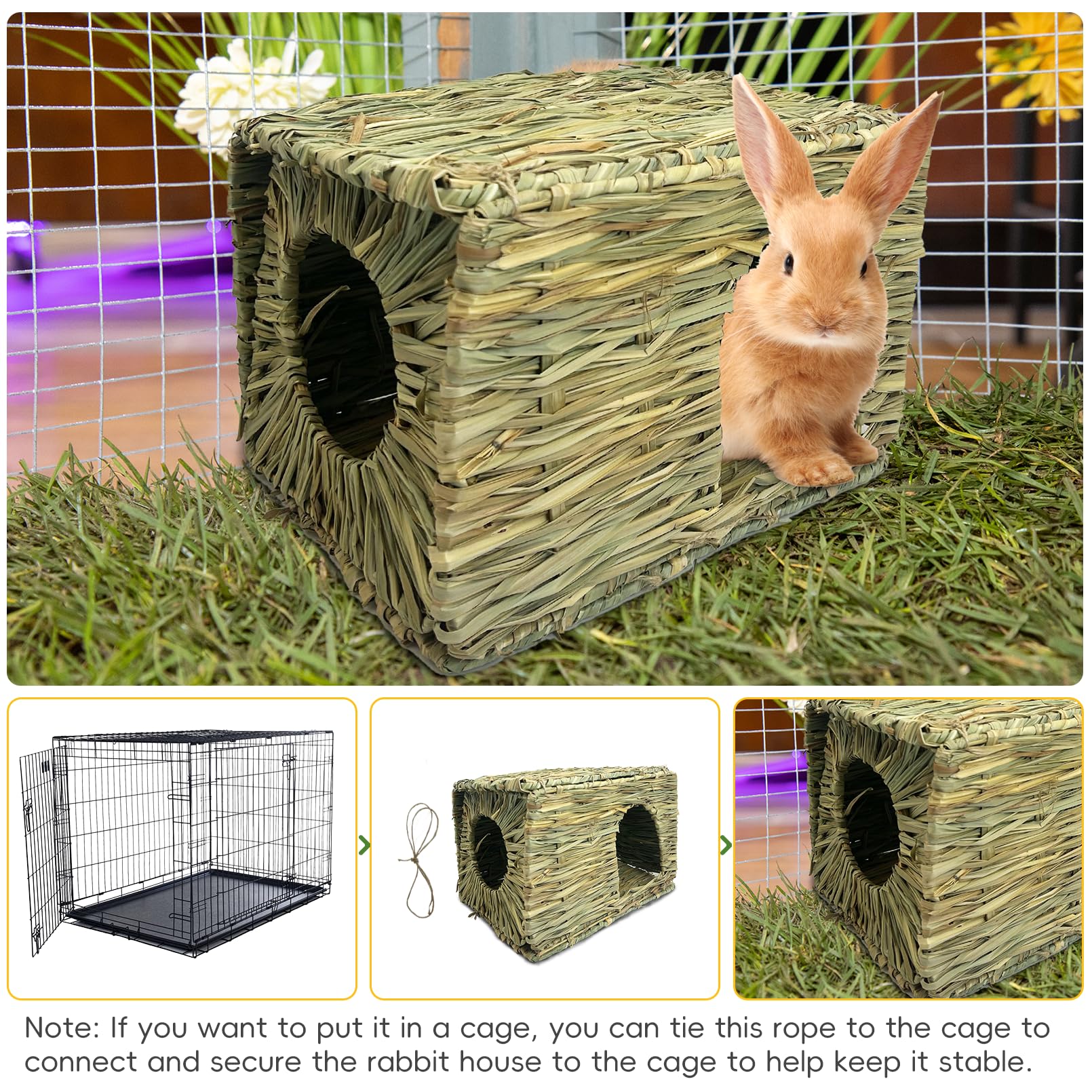 Hamiledyi Large Rabbit Grass House Hand Woven Natural Bunny Hut Foldable Play Bed Safe Cozy Hideaway Hay Mat Chew Toys For Hamst