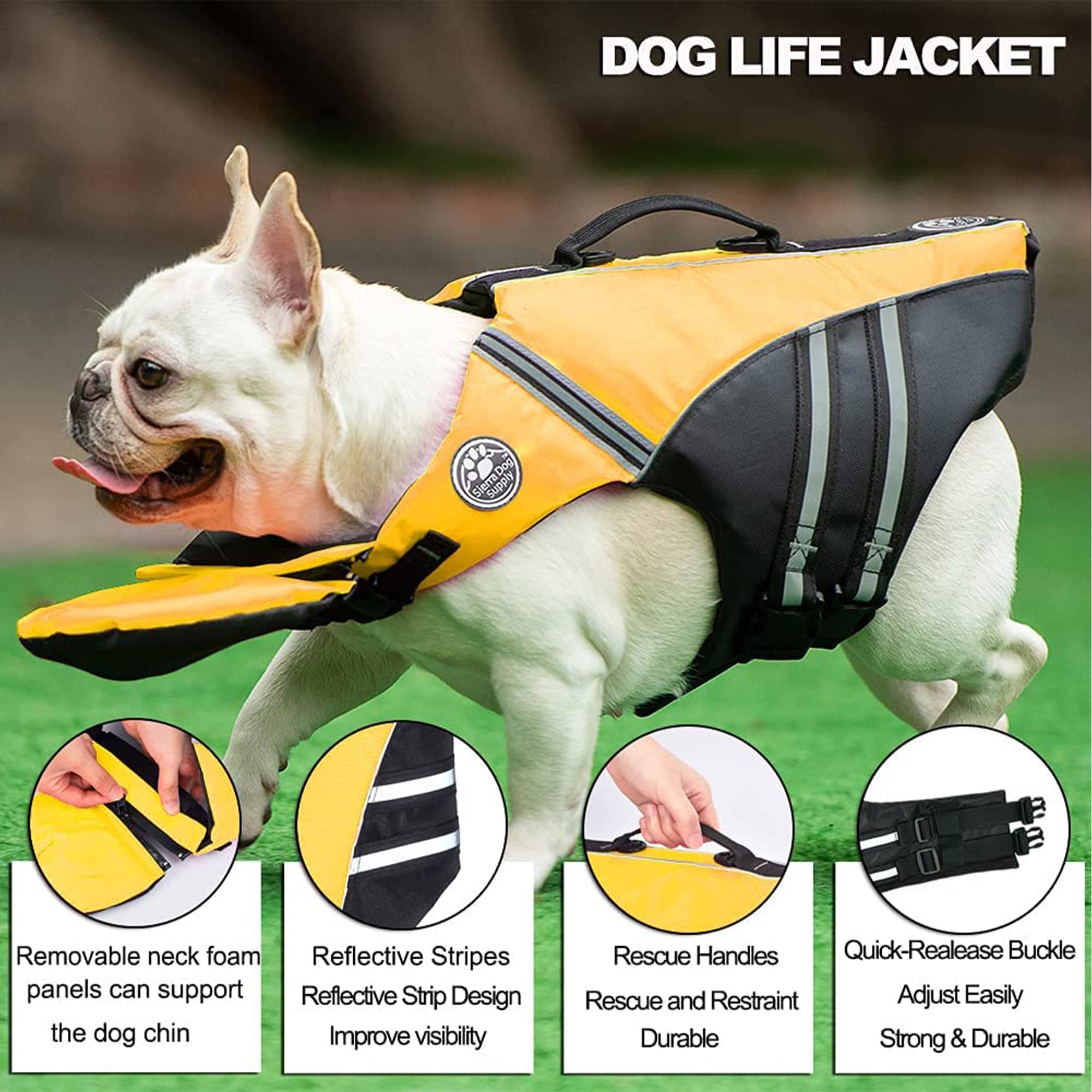 Petglad French Bulldog Life Jacket, Life Vest With Chin Float Rescue Handle For Corgi Pug, Adjustable High Visibility Flotation
