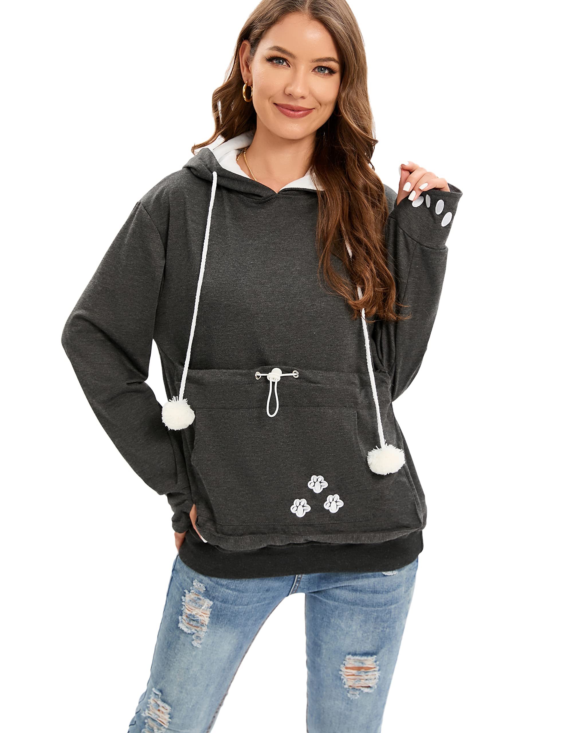 BOMBAXCEIBA Pet Pouch Hoodie Carrier, Cotton Blend, XX-Large, Deep Gray, Dog & Cat Sweatshirt with Ears