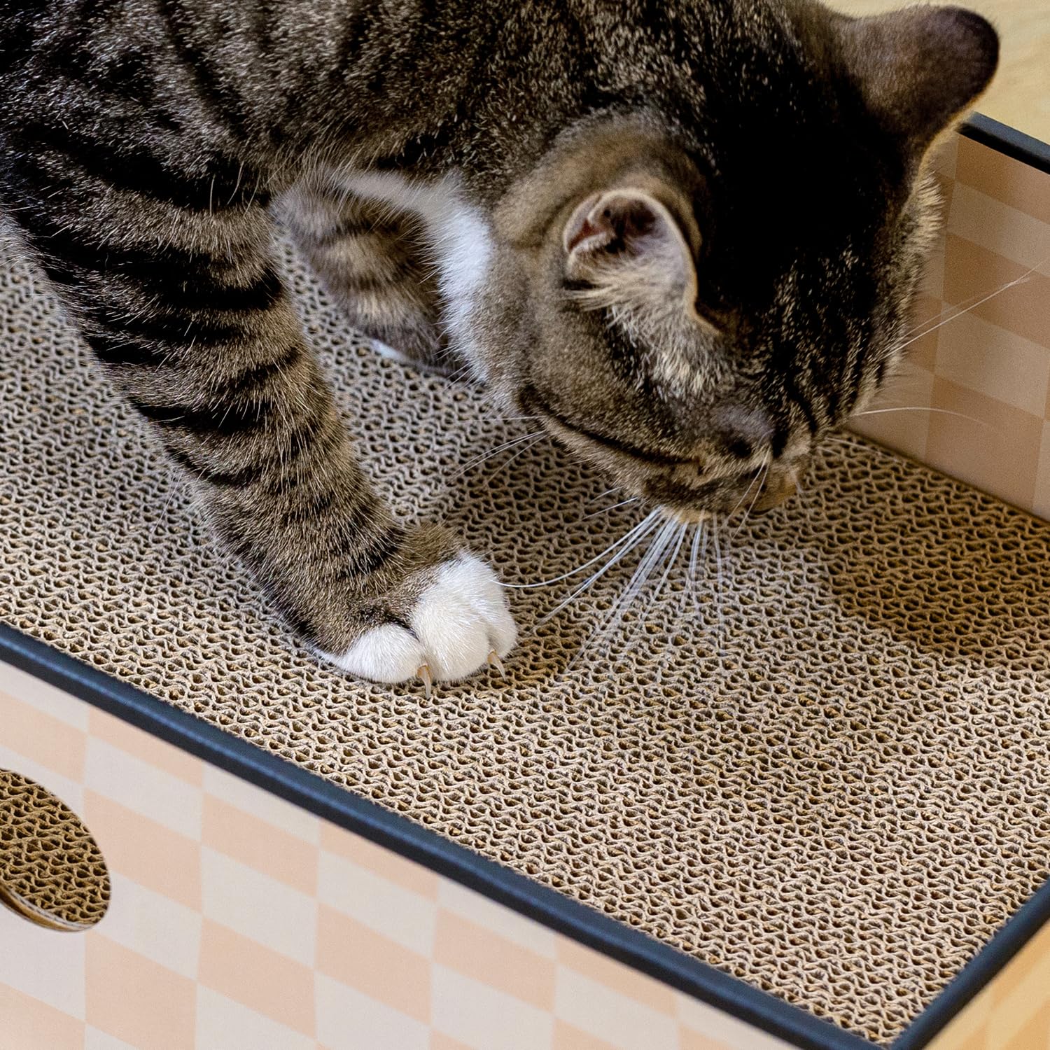 Conlun Cat Scratcher Box With 3-Layer Corrugated Board, Heavy-Duty Double-Sided Cardboard Cat Bed, Interactive Hole Design, Chec