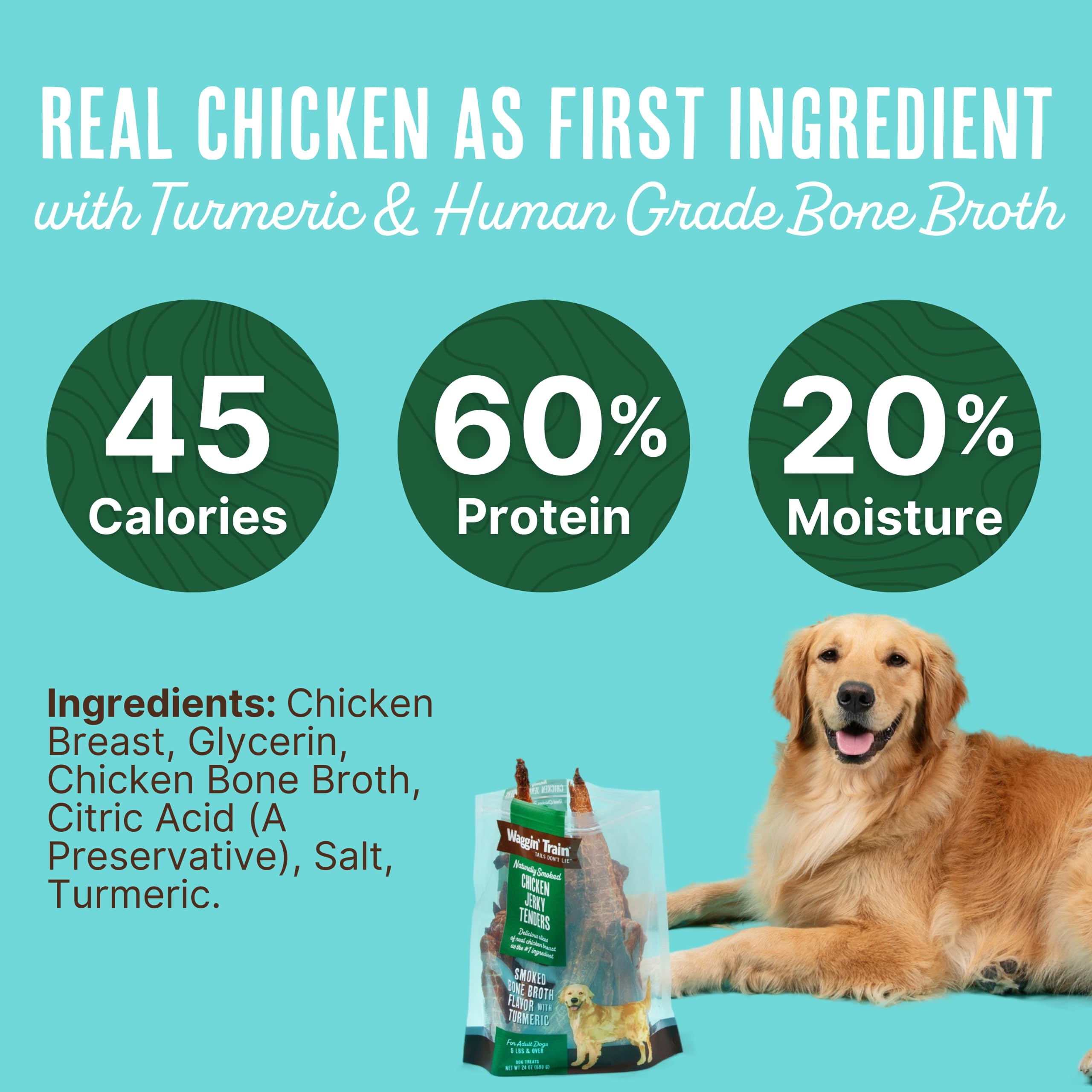 Waggin Train Smoked Chicken Jerky Tenders with Turmeric and Bone Broth for Dogs - 24 oz. Pouch - Grain Free, High Protein, Limi