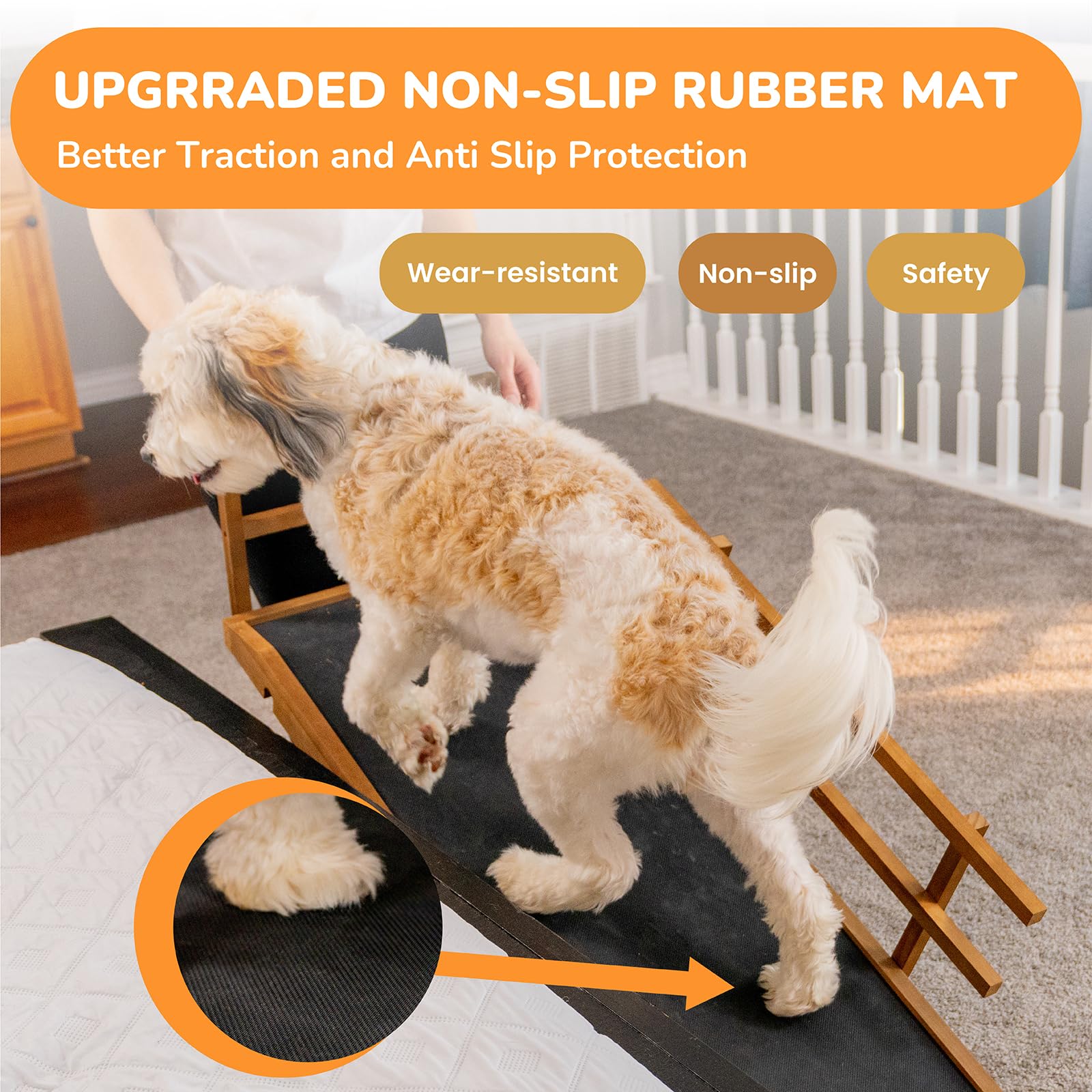 Dog Ramp For Bed, 5 Level Adjustable Dog Ramp For High Beds, Upgrade Rubber Mat High Traction Ramp With Safety Rails, Folding Pe