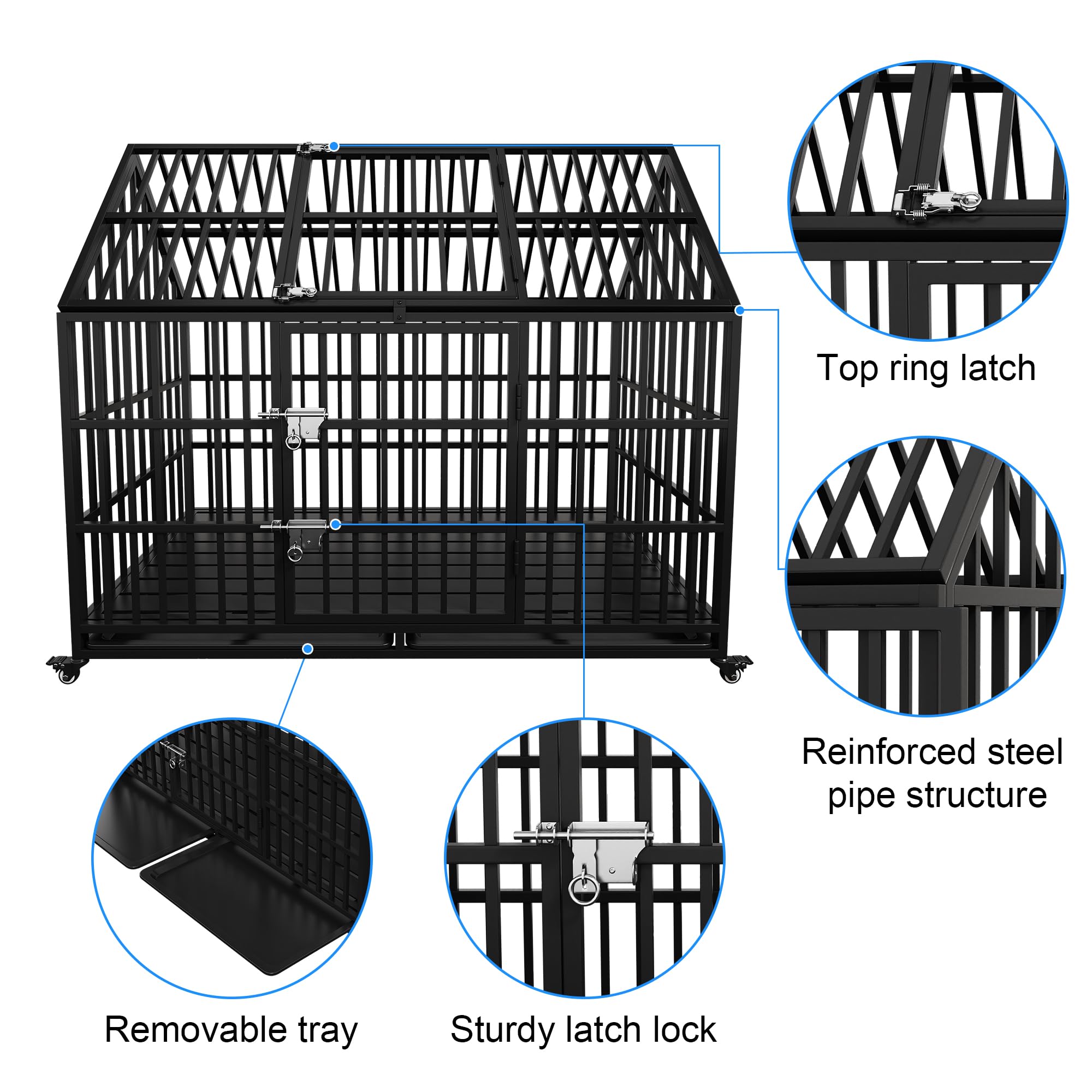 Heavy Duty Dog Crate 54 Inch Xl Large Pet Dog Cage Crate Kennel With Roof Top 2 Doors Removable Trays, Lockable Wheels Escape-Pr