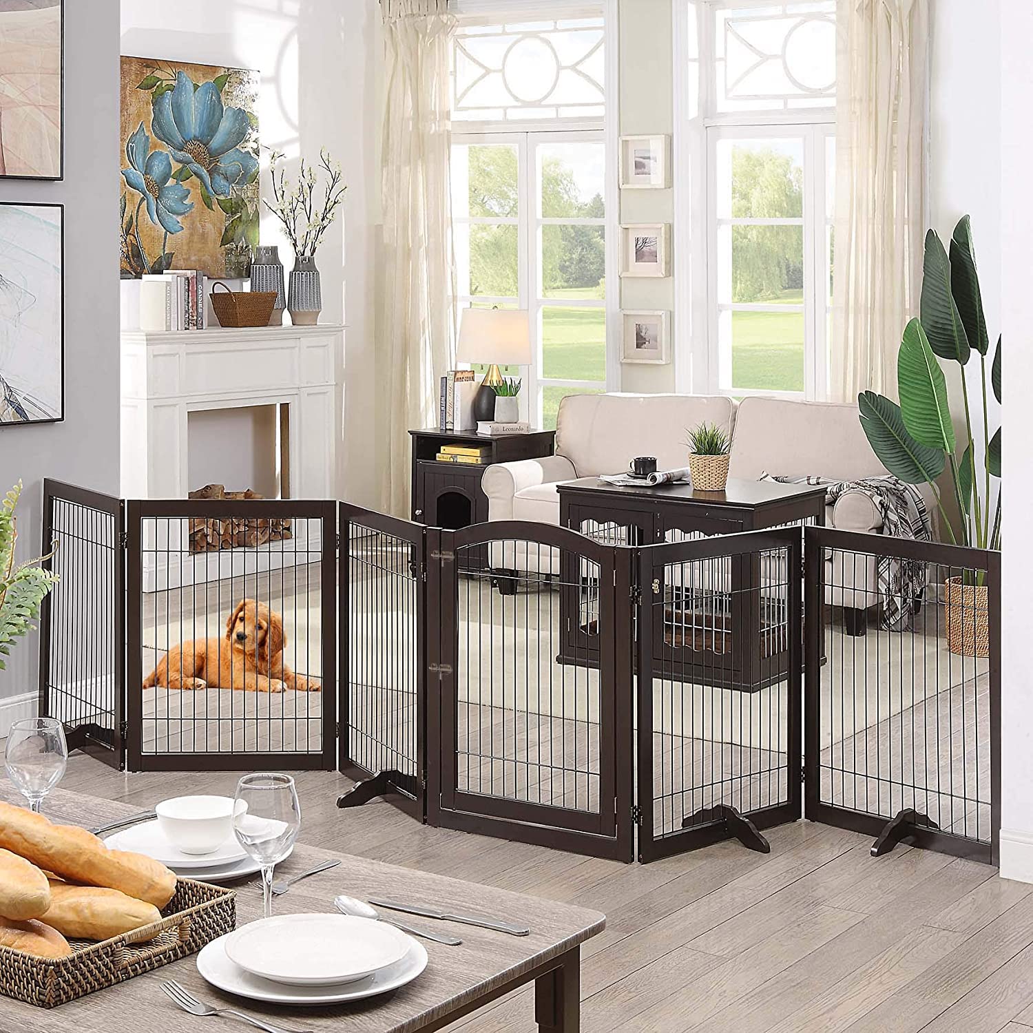 unipaws 144 Extra Wide Dog Gate and Pet Playpen, Free Standing Tall Dog Fence with Walk Through Door, Barriers for Home, Use as