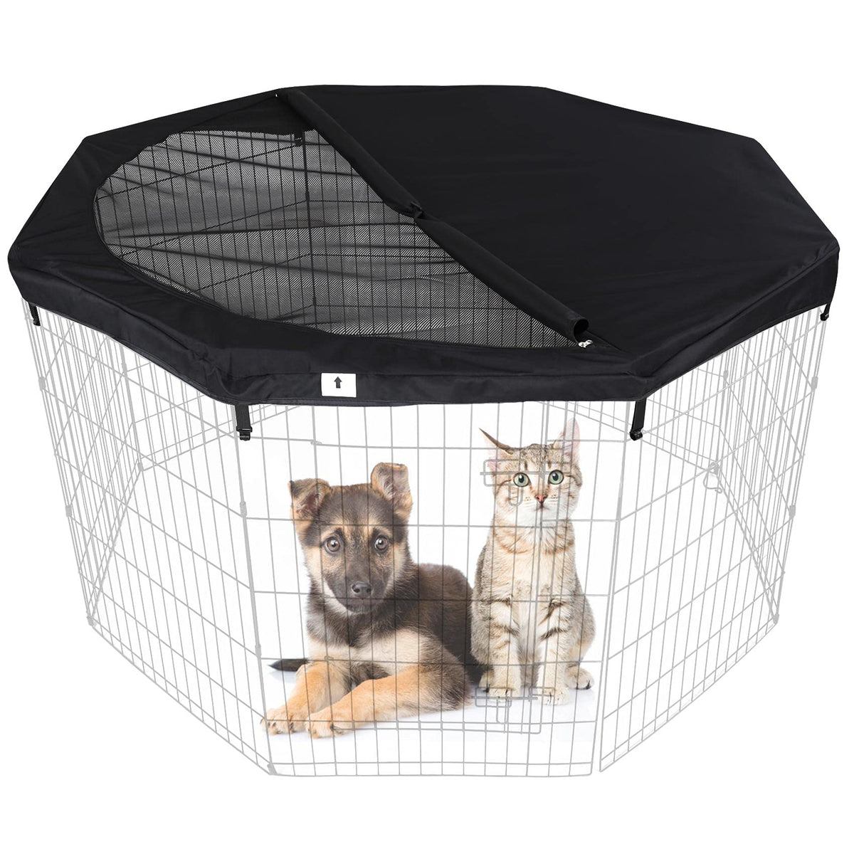 Hicaptain Pet Playpen Top Cover For Indoor And Outdoor Use - Escape-Proof And Sunshade Shield Protector Fits For 24 Inches Wide 8 Panel Dog Crate Pen (Black, With Adjustable Half Mesh)