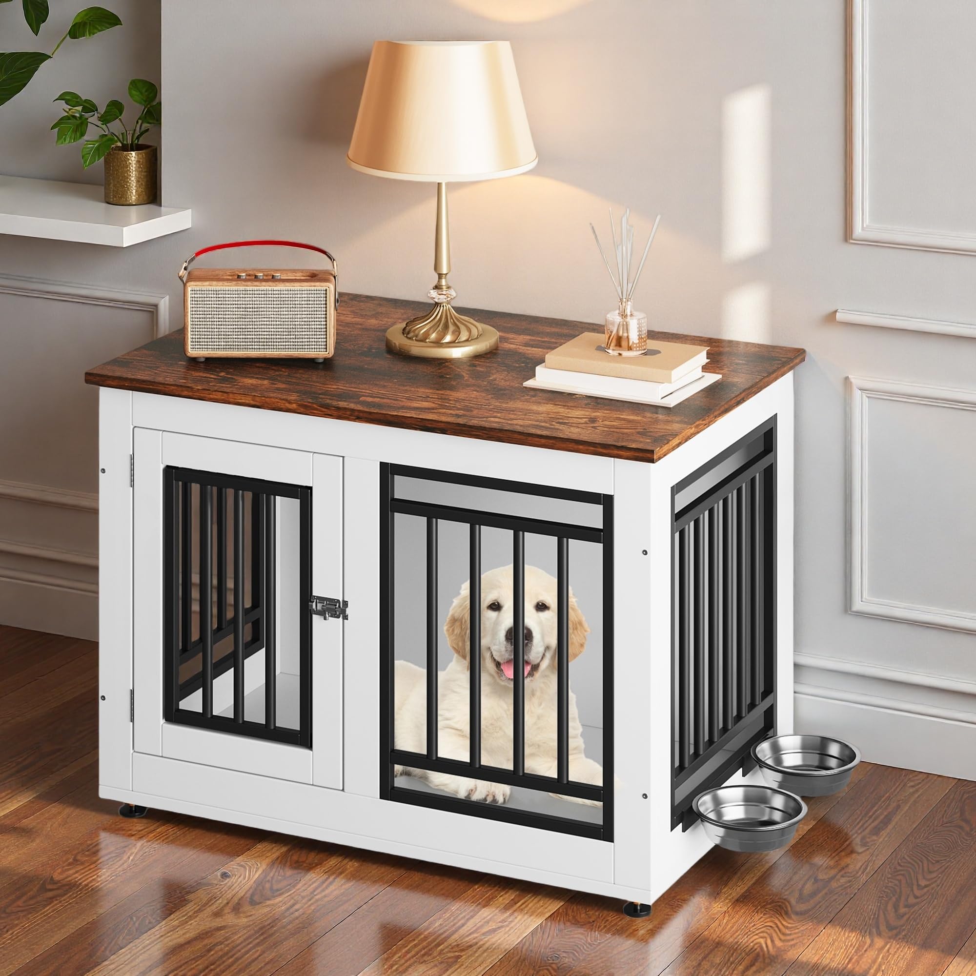 DWVO Dog Crate Furniture with Adjustable Feet & Removable Bowls, 28 Inch Dog Kennel Indoor Furniture End Table for Dogs, Modern 