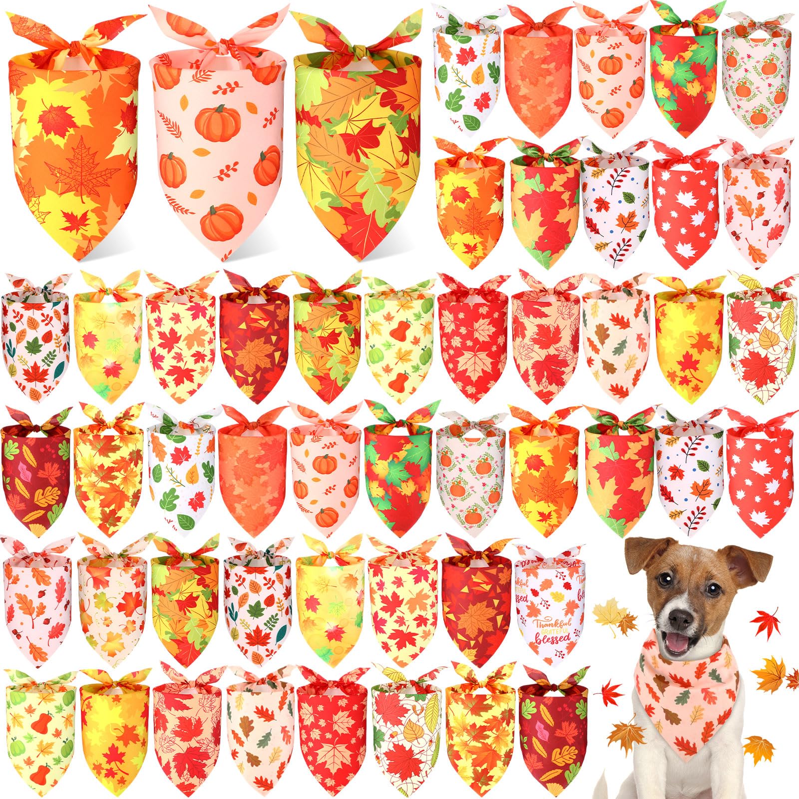 Preboun 50 Pcs Fall Thanksgiving Dog Bandana Bulk Pumpkin Maple Leaves Bandana for Dogs Triangle Kerchief Bib Scarf for Pets Cos