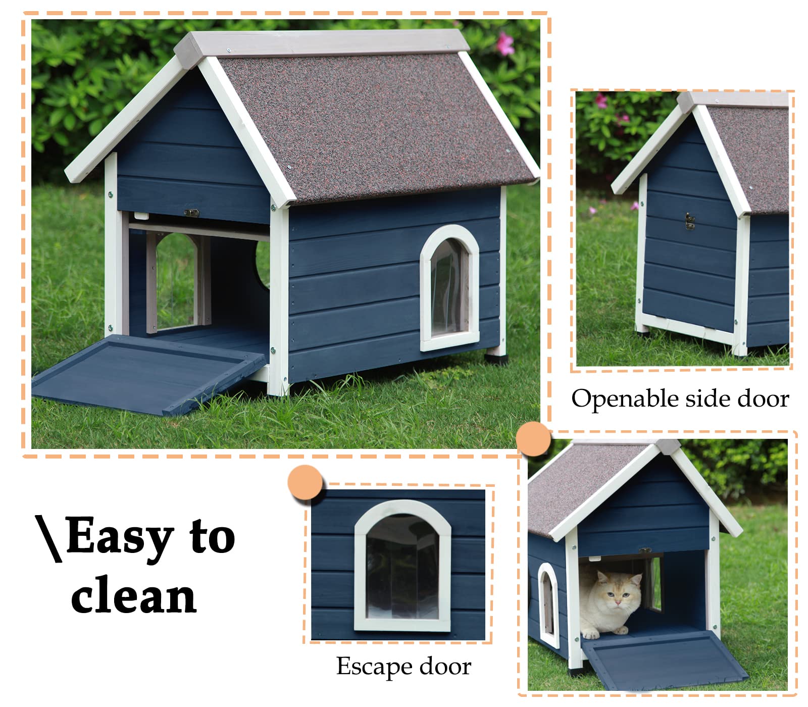 Rockever Outdoor Cat House, Feral Cat House Outdoor Weatherproof With Escape Door And Clear Windows For 2 Cats(Blue)