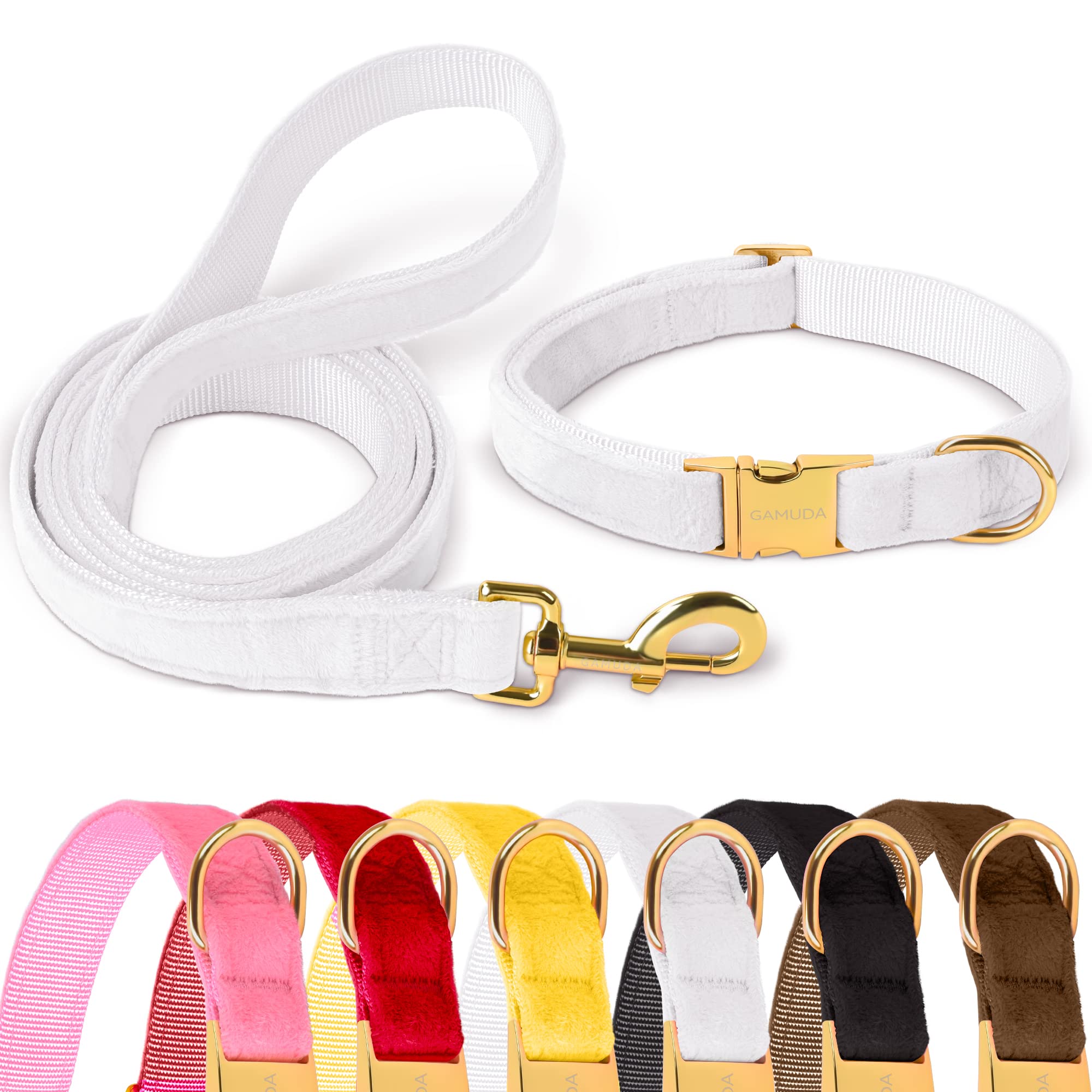 GAMUDA Velvet Dog Collar and Leash, Super Soft and Smooth, Heavy Duty Gold Buckle, Comfortable and Easy to Clean, Adjustable Col