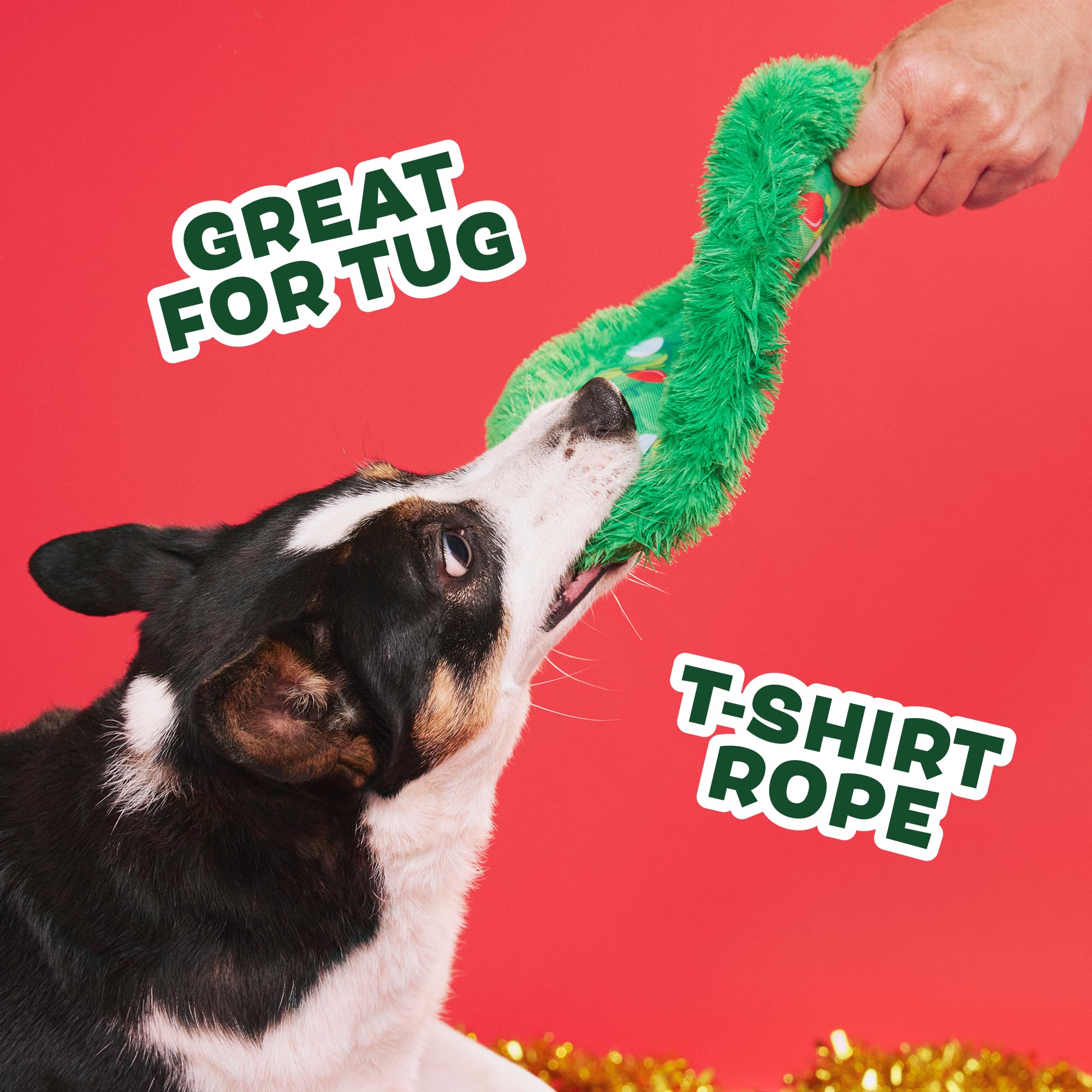 Barkbox Get Lit Wreath Dog Toy - Holiday Fetch & Fling Disc with T-Shirt Rope, Crazy Crinkle & Long Plush Hair - Durable Holiday