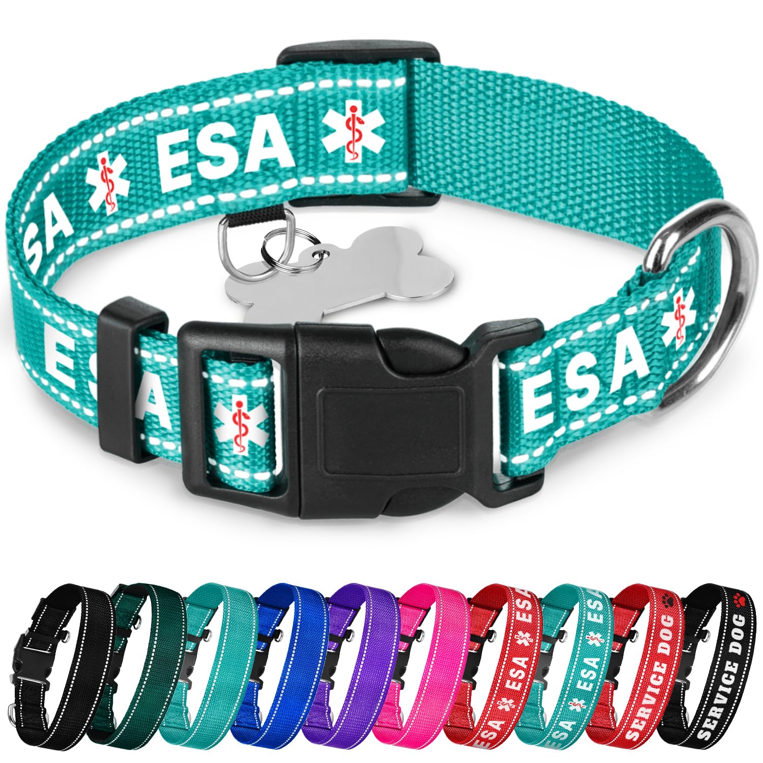 Teceum Reflective Pet Collar - Teal - Esa - Xl - Basic Nylon Dog Collar - Quick Release Buckle - Fits Small, Medium And Large Do