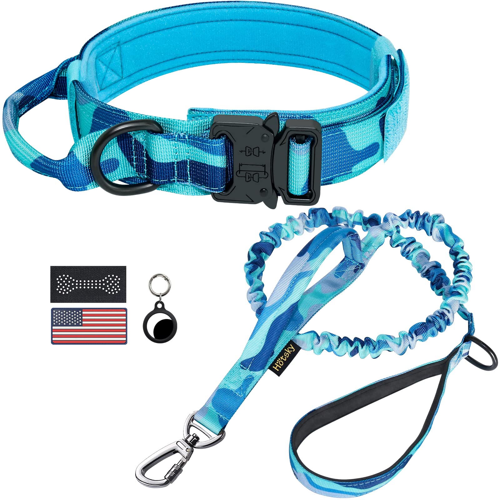 Hotsky Tactical Dog Collar and Leash Set, Heavy Duty Military Airtag Dog Collar with Handle and Metal Buckle for Training and Wa