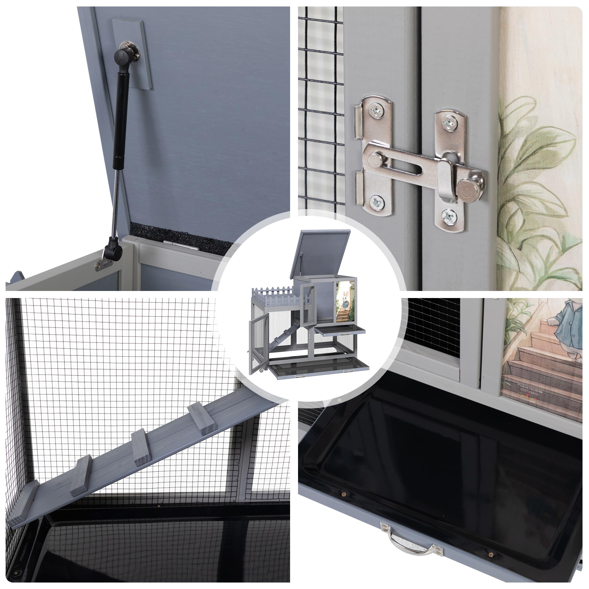 Cozivvovv Wood Rabbit Hutch With Balcony - Small Animal House Bunny Cage On Wheels For Indoor Outdoor, Included Ramp, Pull Out T