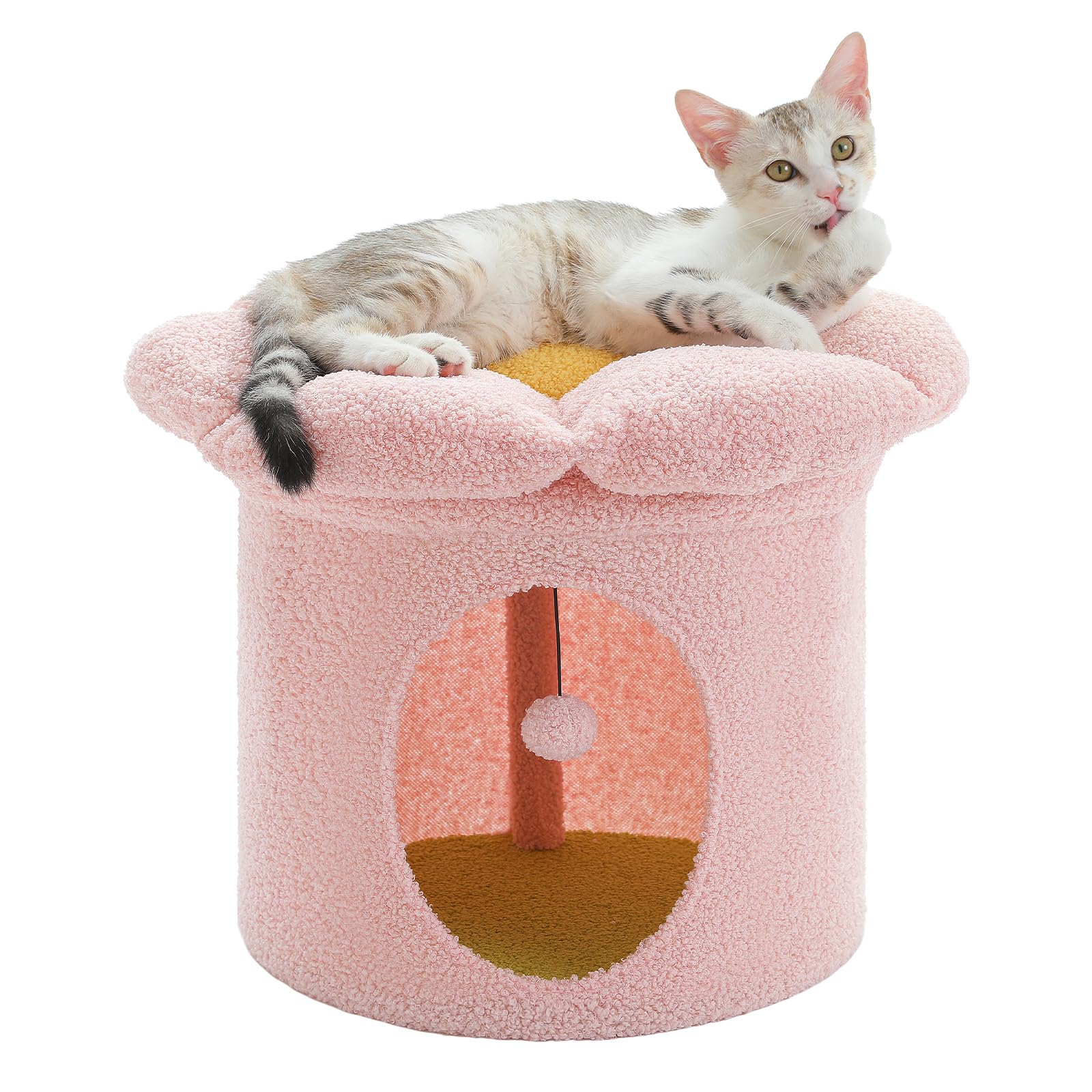 Petepela Cat Beds For Indoor Cats, Small Cute Cat Tree House With Removable Flower Cat Bed, Cat Hideaway, Indoor Cat House Condo