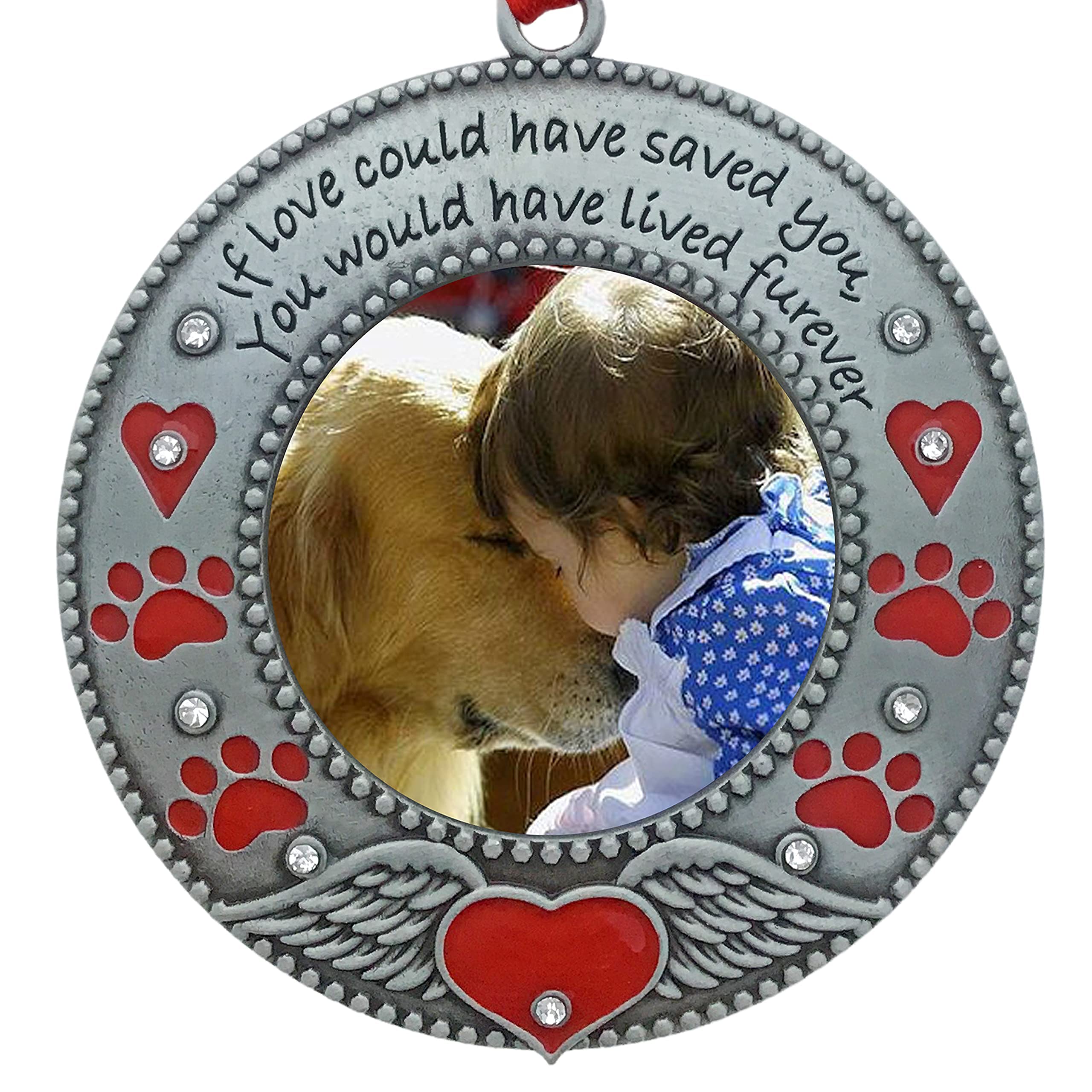 Pet Memorial Photo Ornament - Dog Or Cat - Enameled & Jeweled With Red Hearts, Angel Wings & Paw Prints - Gift/Storage Bag Included - 3' D And Holds A 2' D Photo