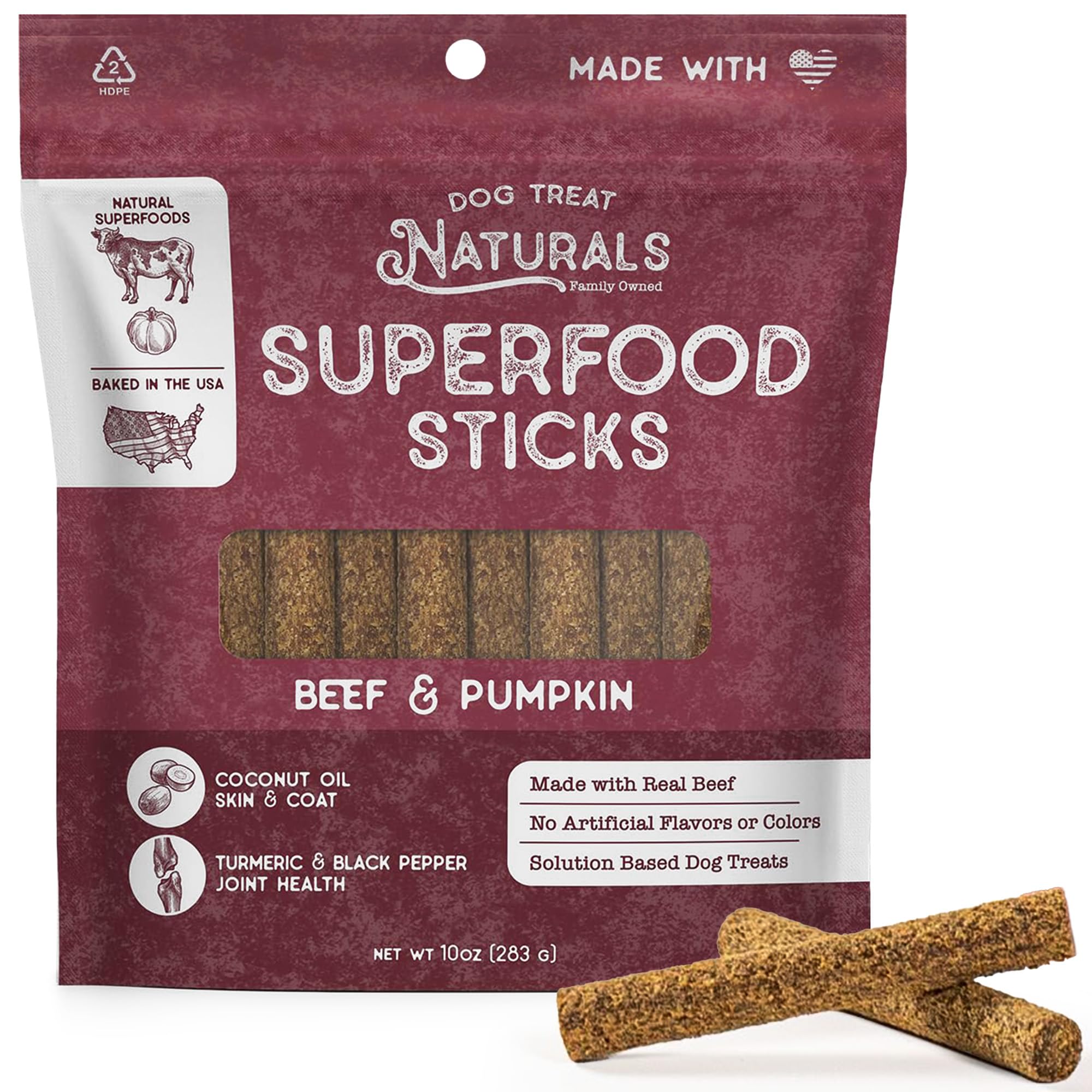 Dog Treat Naturals Beef & Pumpkin Superfood Sticks for Dogs | All-Natural Premium Training Dog Treats | Contains Turmeric for Jo