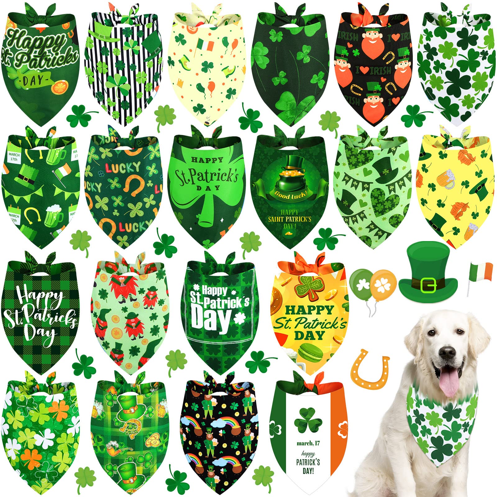 20 Pcs St. Patrick'S Day Dog Bandana Pet Scarf Washable Triangle Bibs Shamrock Scarfs Adjustable Pet Triangle Washable Kerchief 