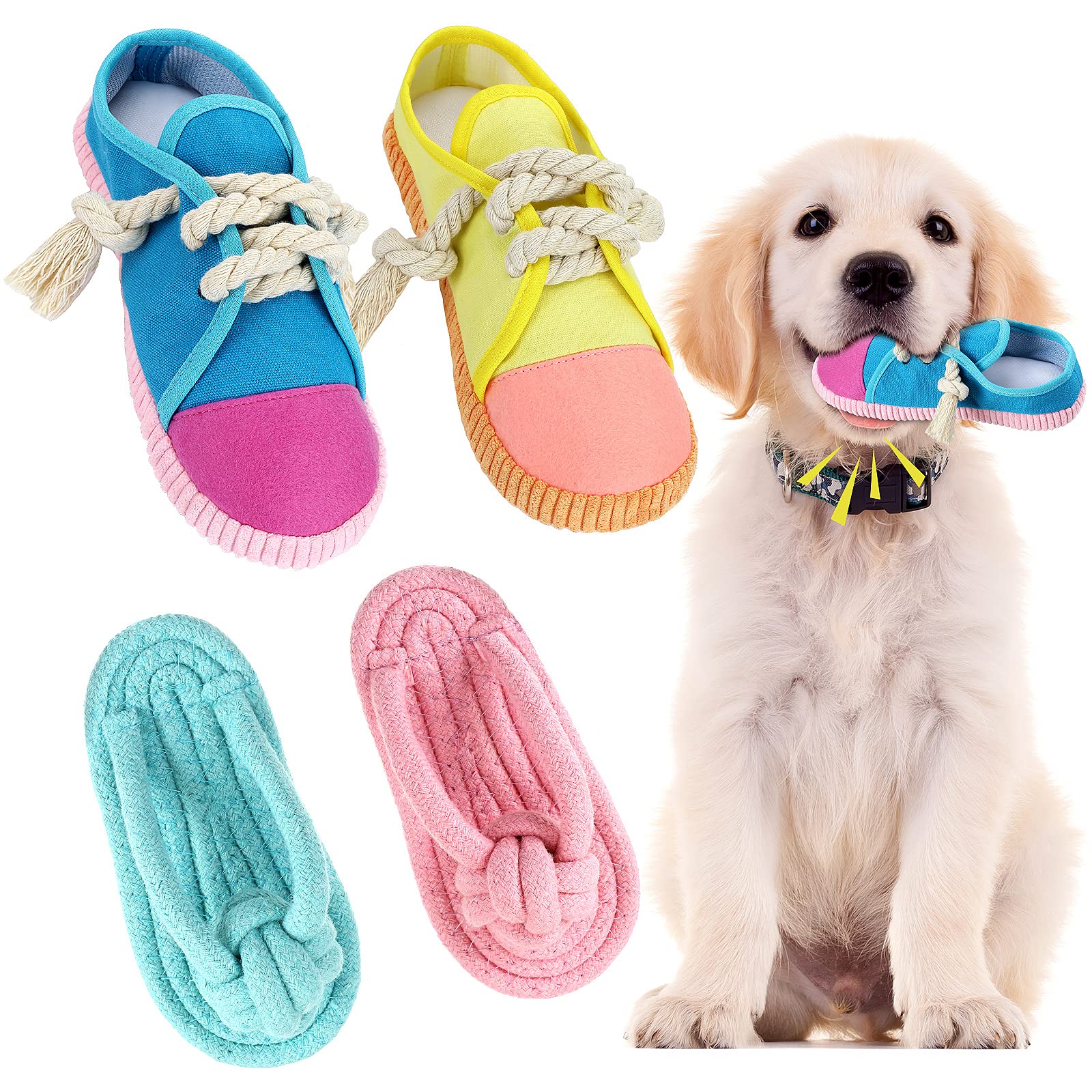 Zhanmai 4 Pieces Dog Shoe Chew Toys Puppy Chew Shoe Dog Sandal Durable Puppy Squeaky Mini Sneakers Decoy Sandal Squeaky Plush To