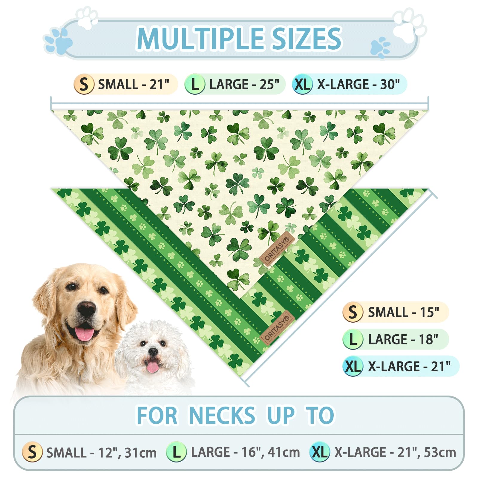 Oritasy St. Patrick's Day Dog Bandanas, 2-Pack Triangle Reversible Love Pet Scarves, Premium Fabric, Irish Bandana for All Dogs