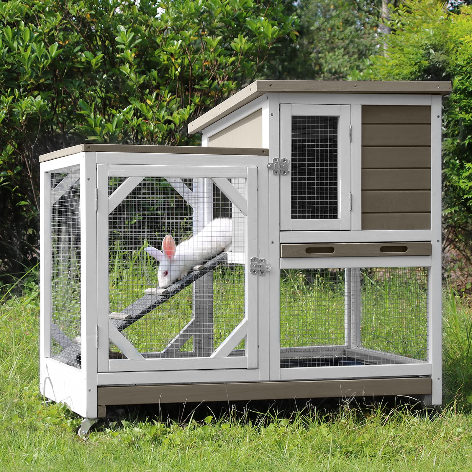 Gutinneen Indoor Outdoor Rabbit Hutch, Bunny Cage On Wheels With 2 Deep No Leakage Pull Out Trays (Without Bottom Wire Mesh)