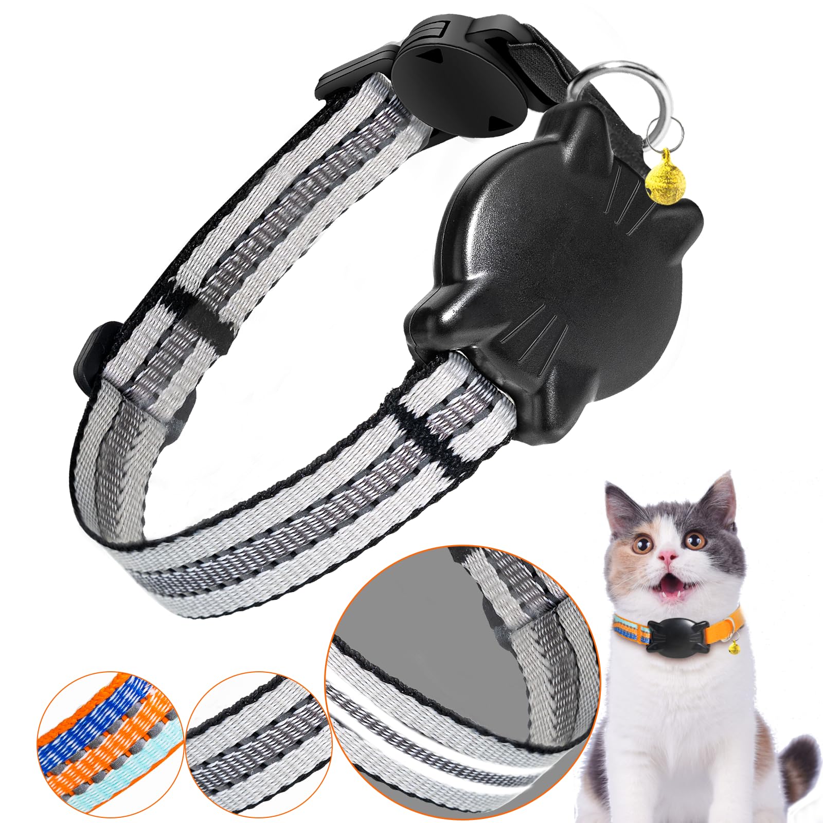 Domiphie Airtag Cat Collar - Integrated Cat Collar With Bells & Airtag Holder, Lightweight Reflective Cat Tracker Collar, Breaka