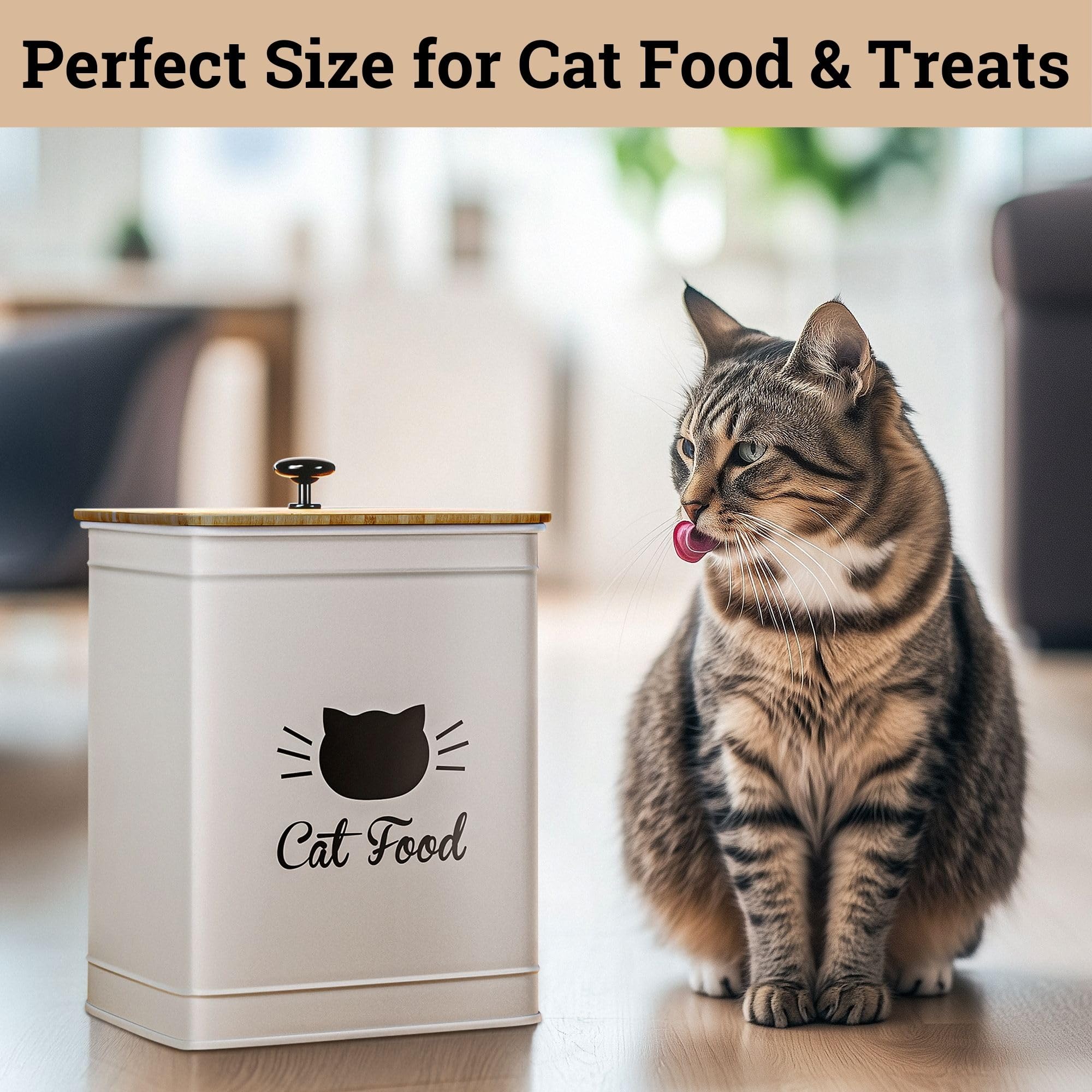 Cat Food Storage Container with Scoop - 5-7 lb (25 Cup) Capacity Metal Cat Food Container with Airtight Bamboo Lid and Metal Sco